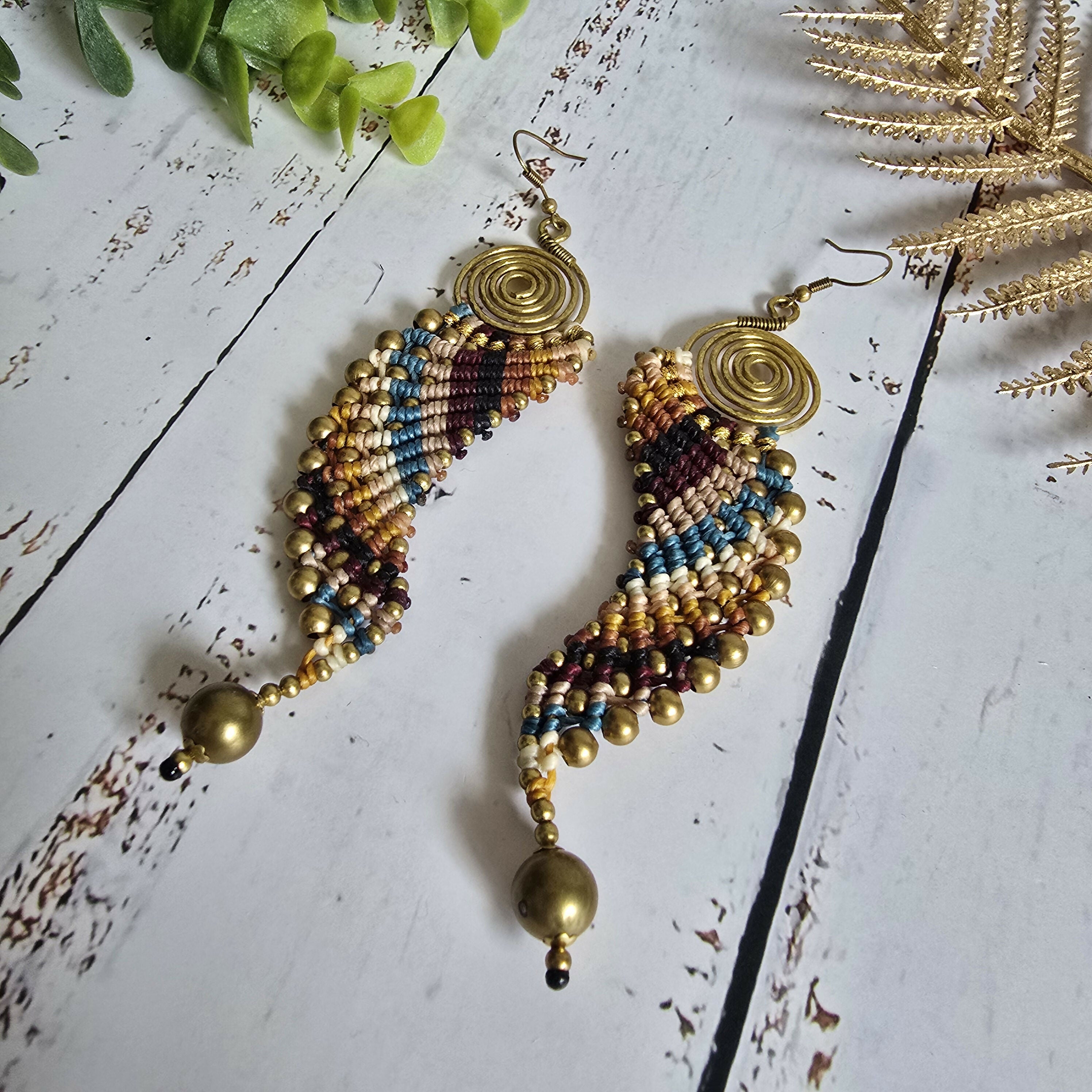 Macrame Angel Wing Earrings: Boho Gold Wire Wrapped Brass Earrings