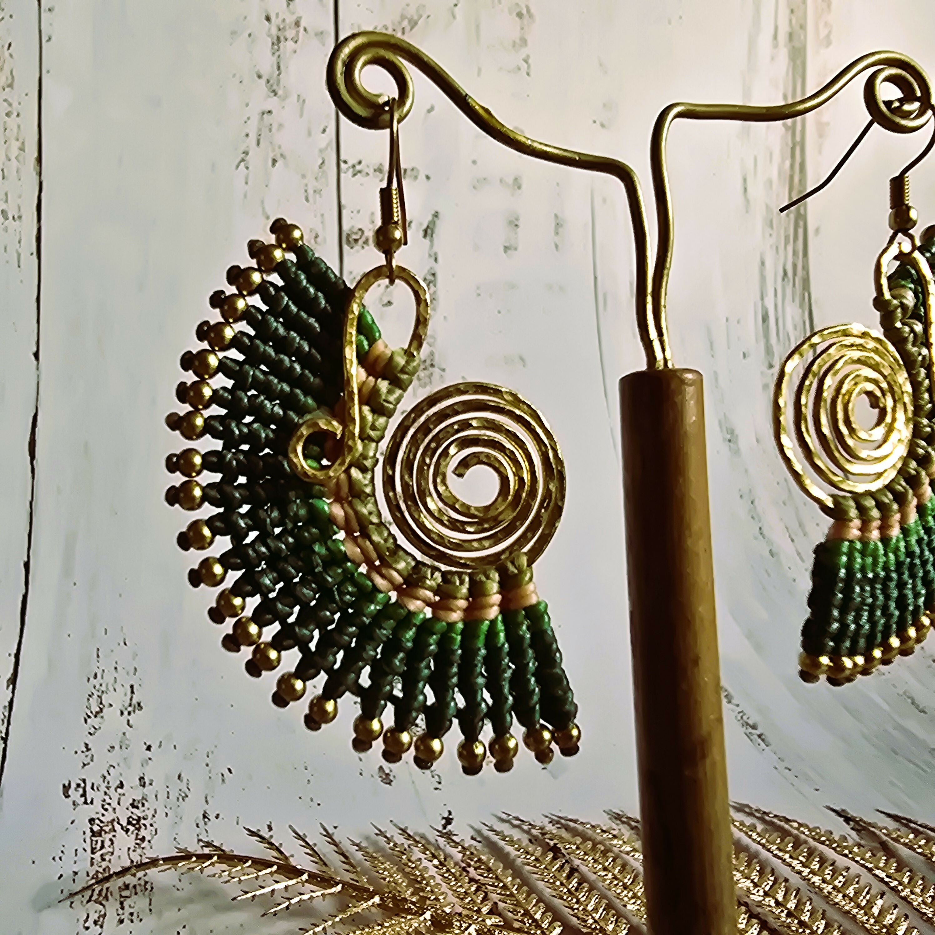 Green Fan Macrame Earrings; Ear Jacket Style Boho Nature Bold Statement Gold Spiral Earrings