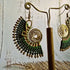 Green Fan Macrame Earrings; Ear Jacket Style Boho Nature Bold Statement Gold Spiral Earrings