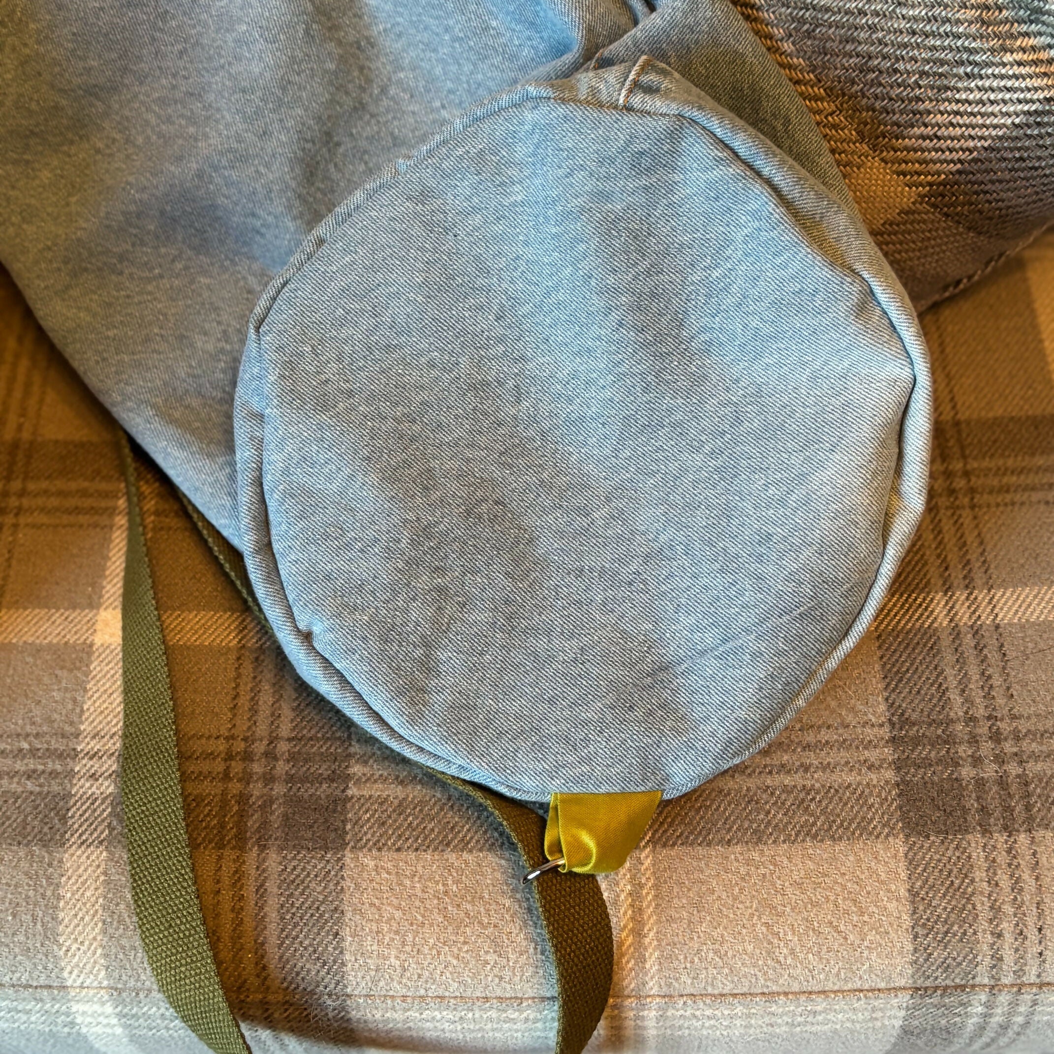 Unique Handcrafted Denim Drawstring Barrel Bag Made From Upcycled Jeans
