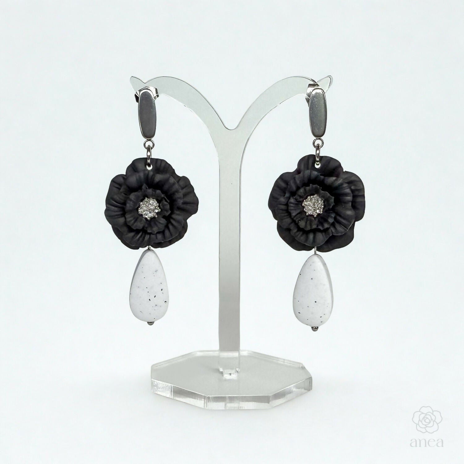 Black Flower Drop Earrings with Stone-Effect Teardrop