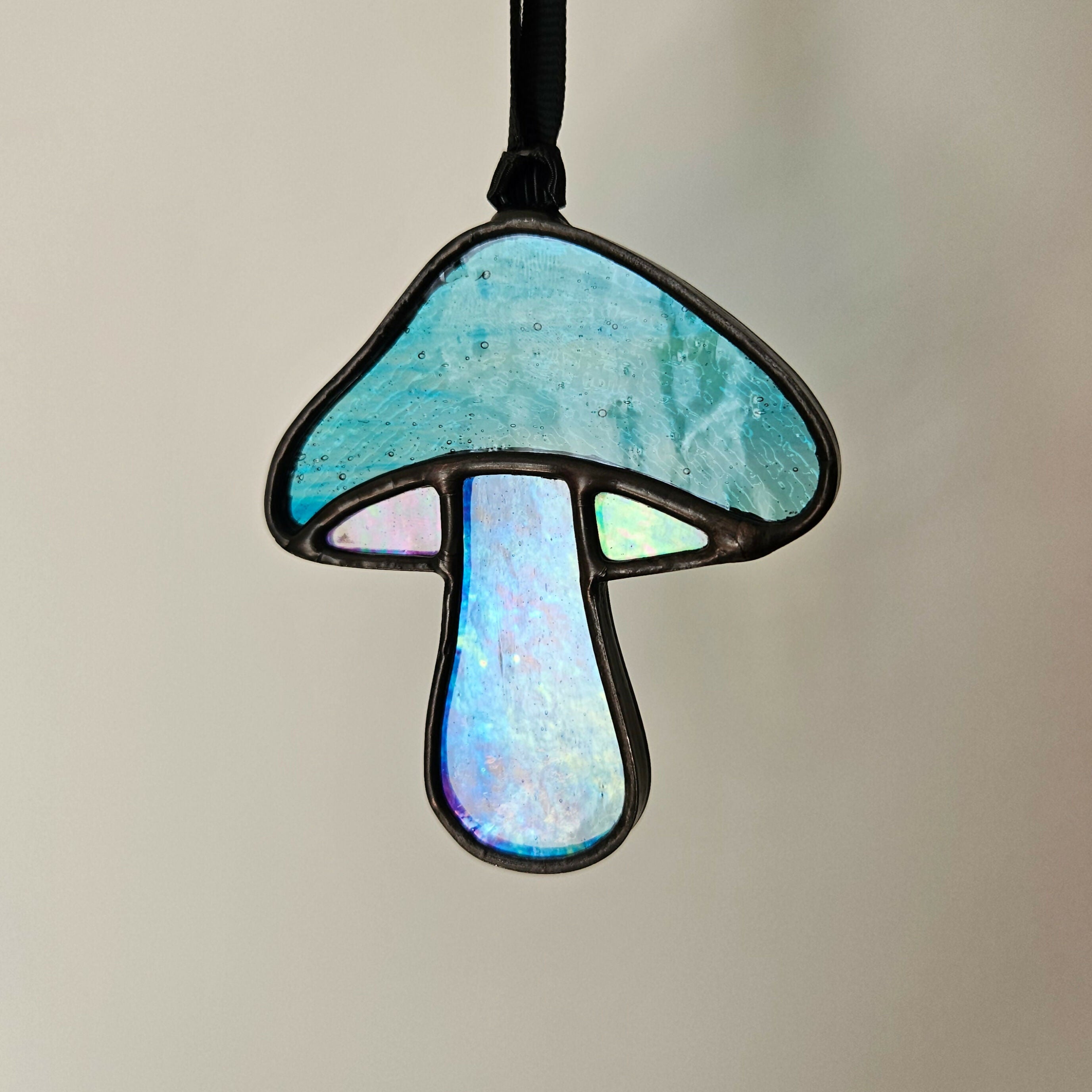 Textured Blue & Iridescent Mushroom Stained Glass Suncatcher