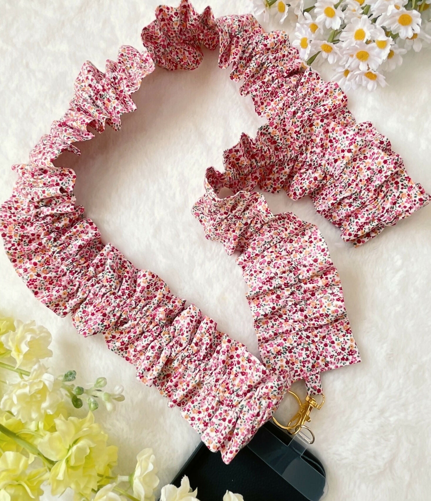 Handmade Ruffled Crossbody Phone Holder Red Ditsy