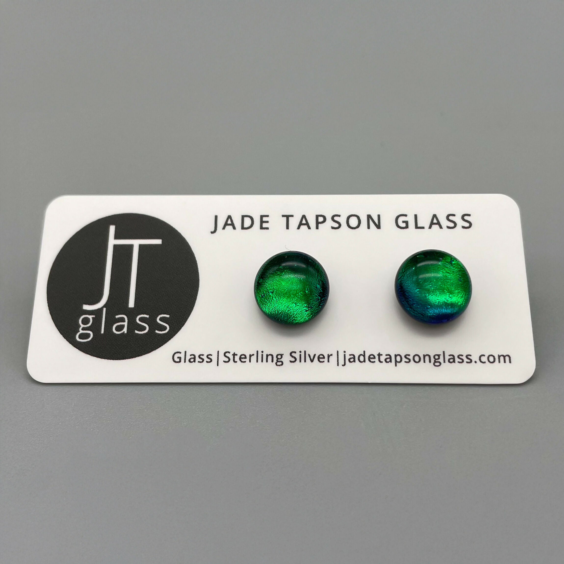 Emerald Green Dichroic Fused Glass Sterling Silver Stud Earrings - Handmade by Jade Tapson Glass.