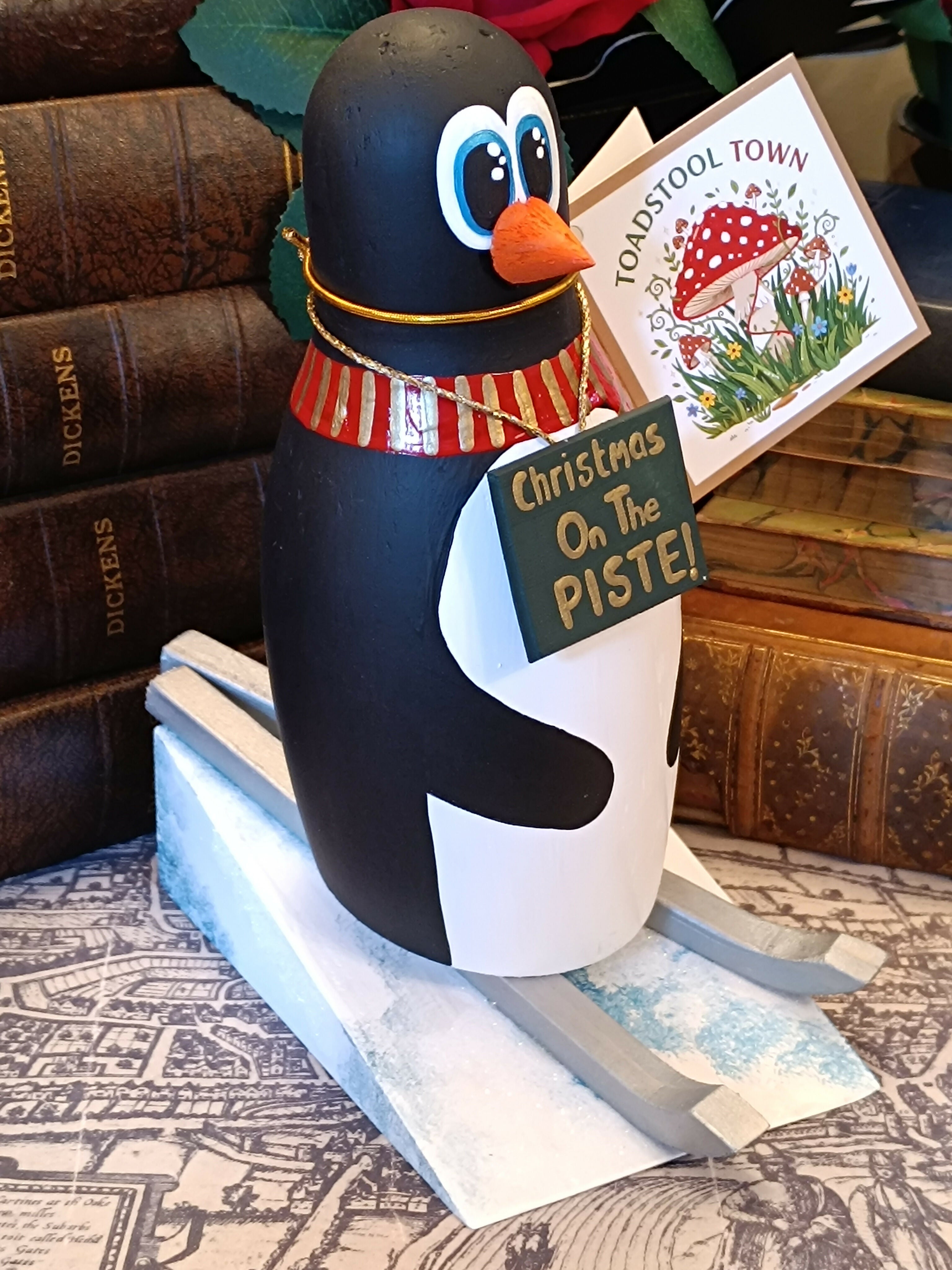 Handmade Wooden Skiing Penguin Festive Figurine – "Christmas On The Piste!" Holiday Decor