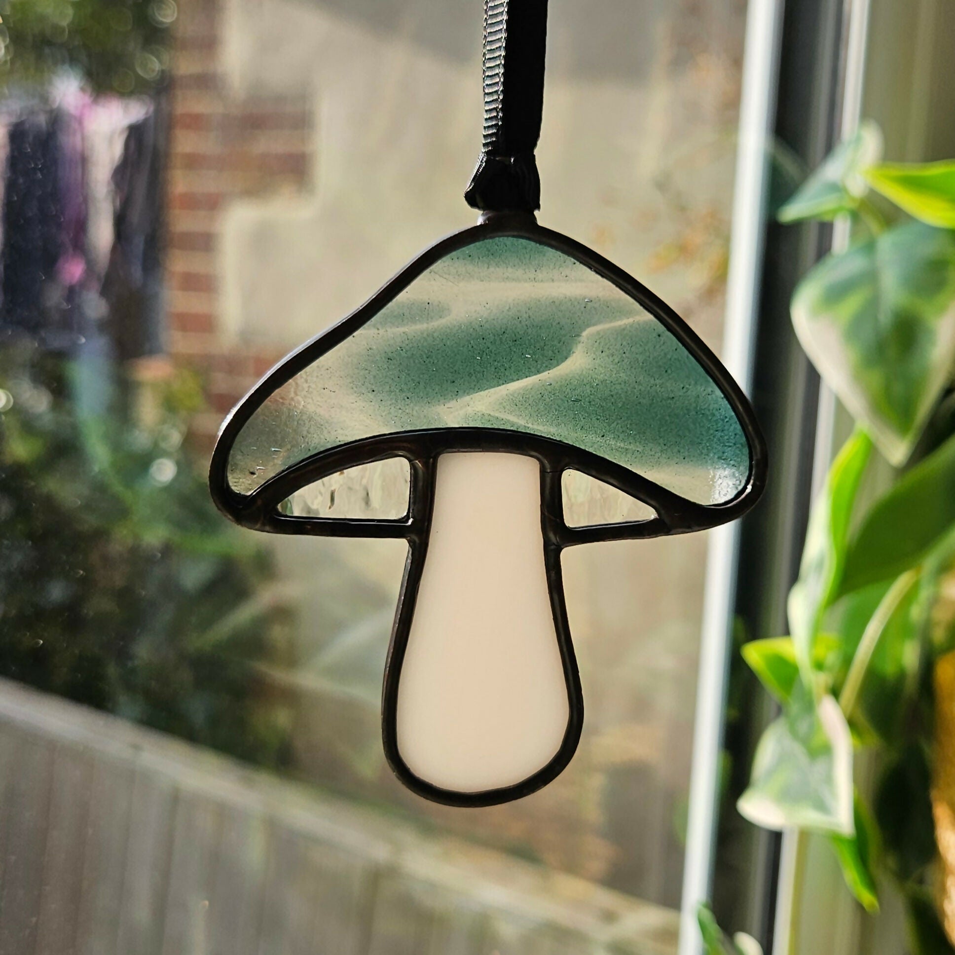 Streaky Blue Mushroom Stained Glass Suncatcher