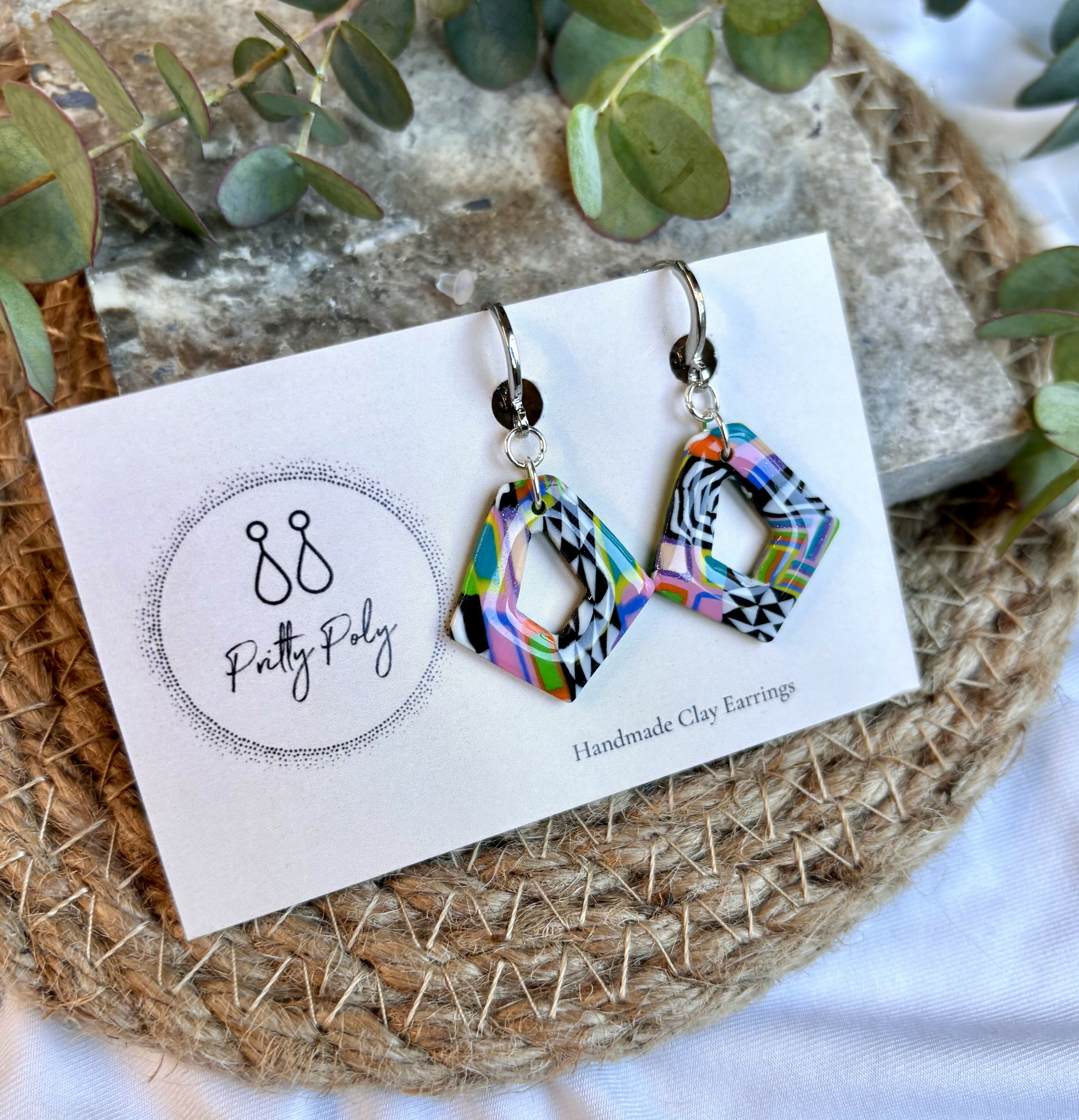 Funky Pattern Collection - Diamond Polymer Clay Earrings Huggie Hoops