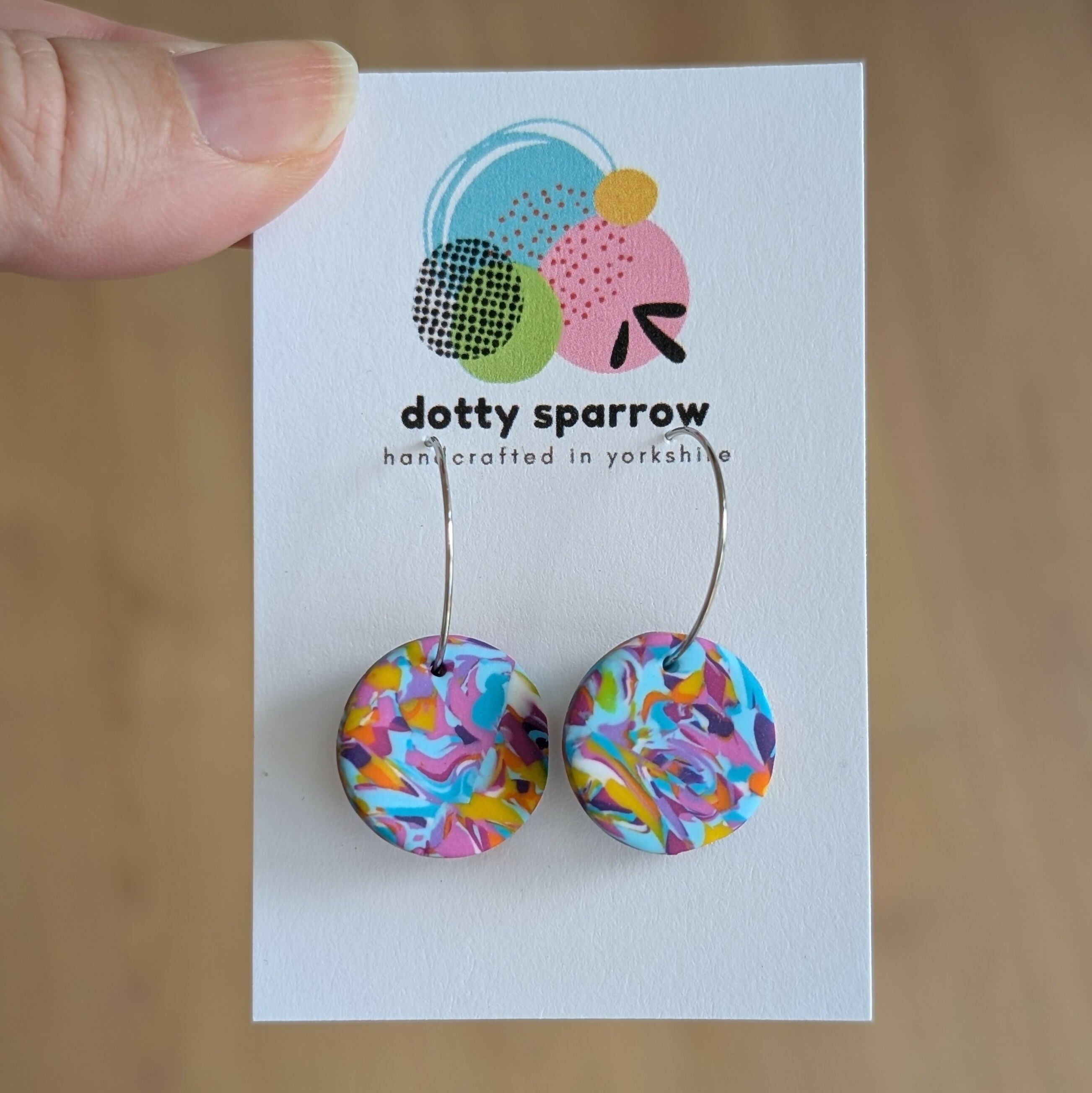 Turquoise Yellow Purple White Abstract Hoop Handmade Polymer Clay Earrings