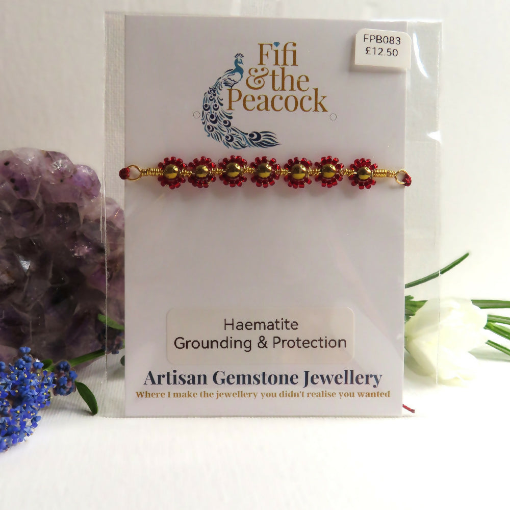 Dainty Bouquet Wire & Macrame Bracelet, Gold Haematite & Silver Lined Ruby Seed Beads, Gold Plated Wire, Red Cord