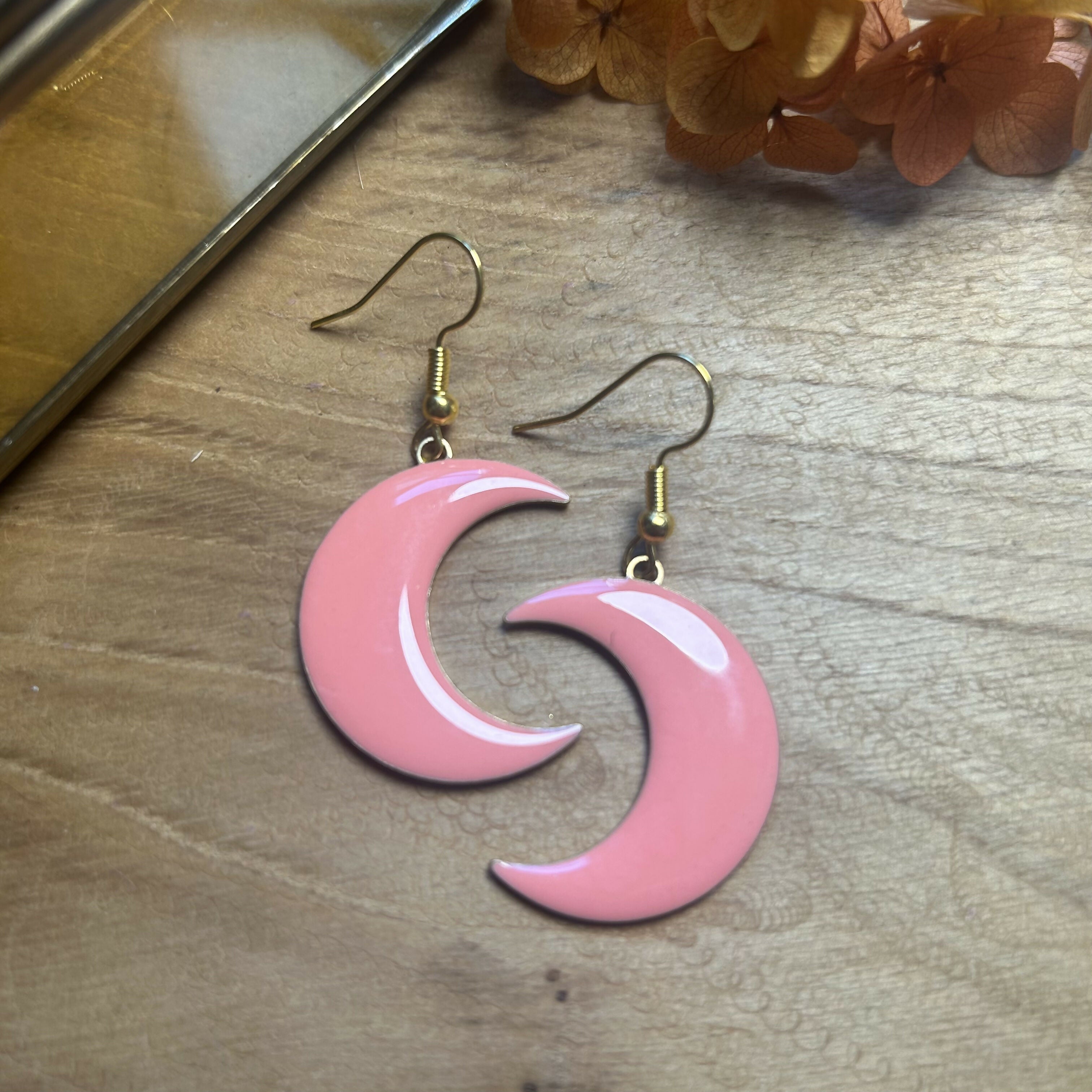 Stunning Peach Enamel Moon Earrings