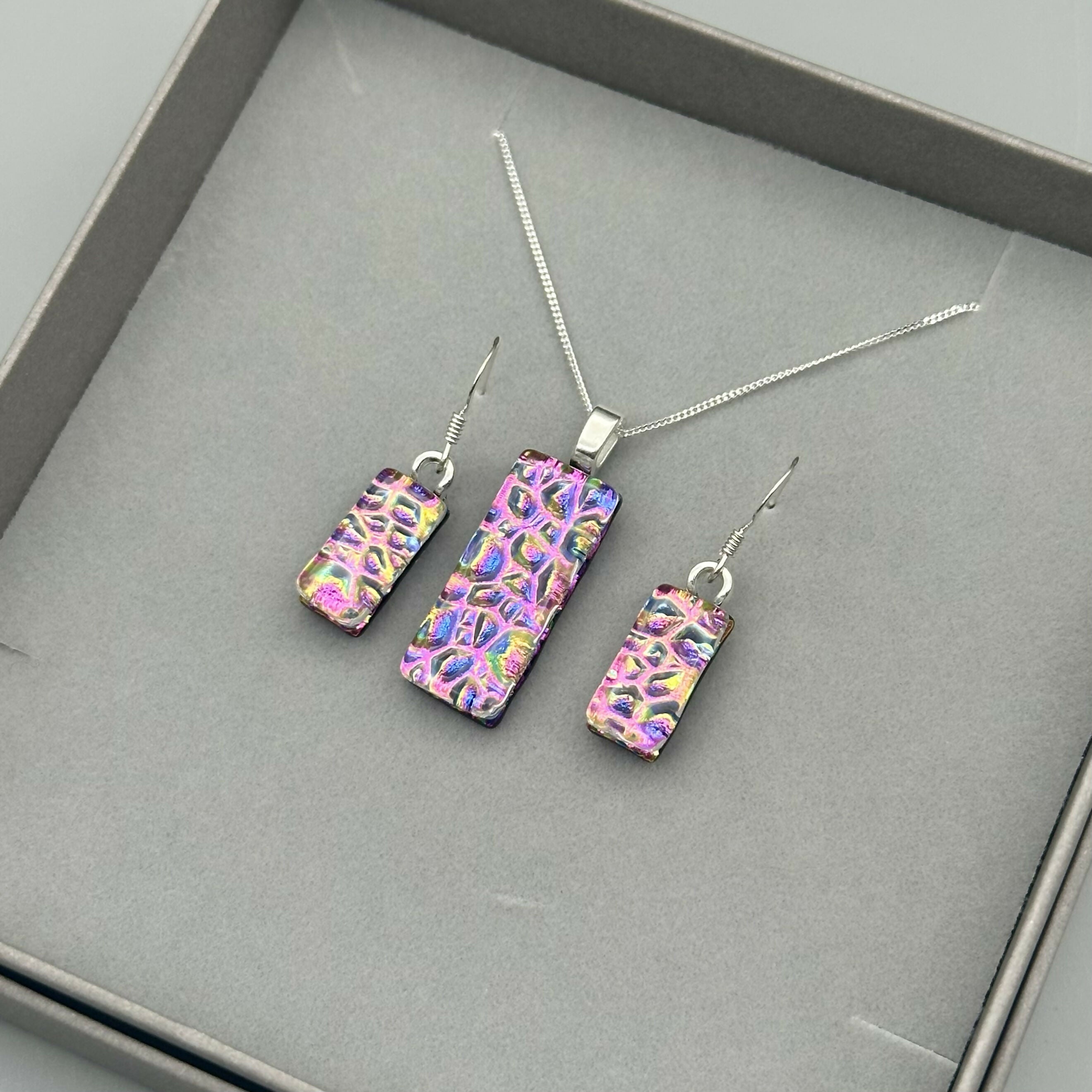 Pink Rainbow Raindrop Dichroic Glass Necklace and Earrings Set - Sterling Silver, Handmade by Jade Tapson Glass
