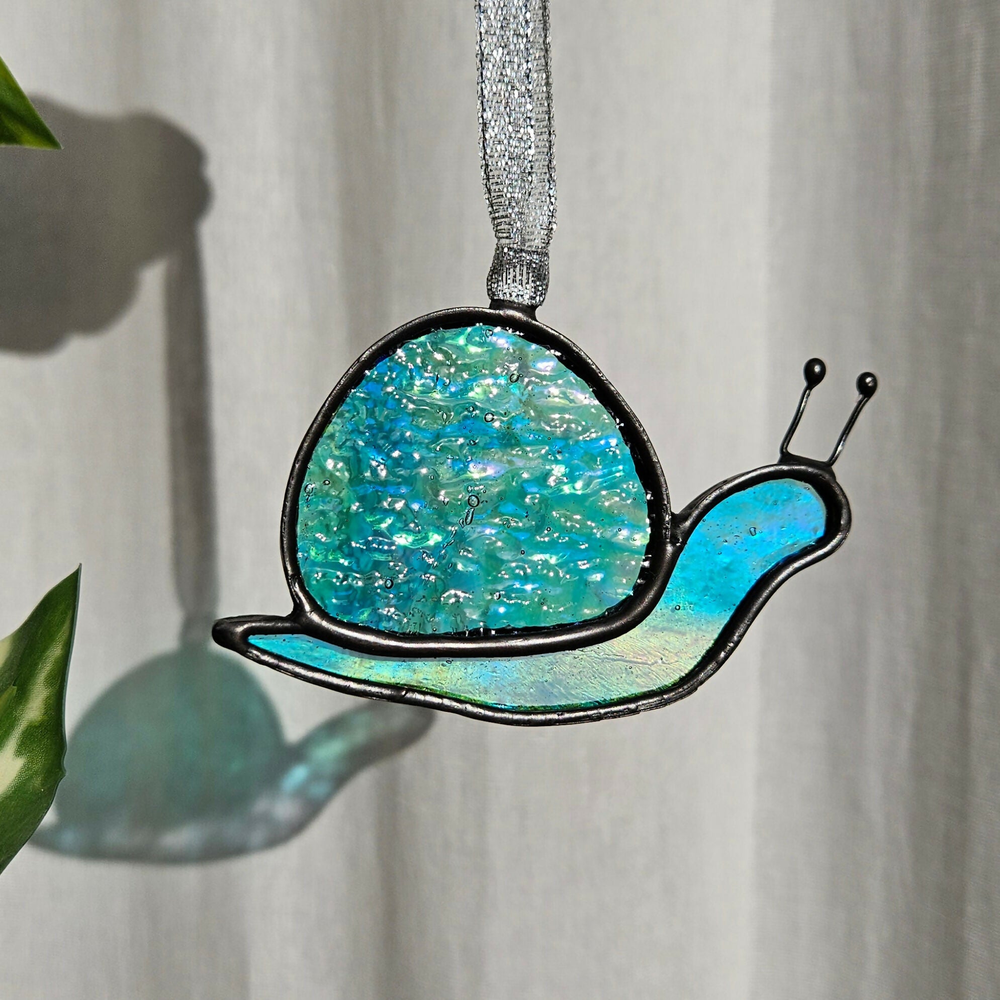 Textured Iridescent Green-Blue Snail Stained Glass Suncatcher