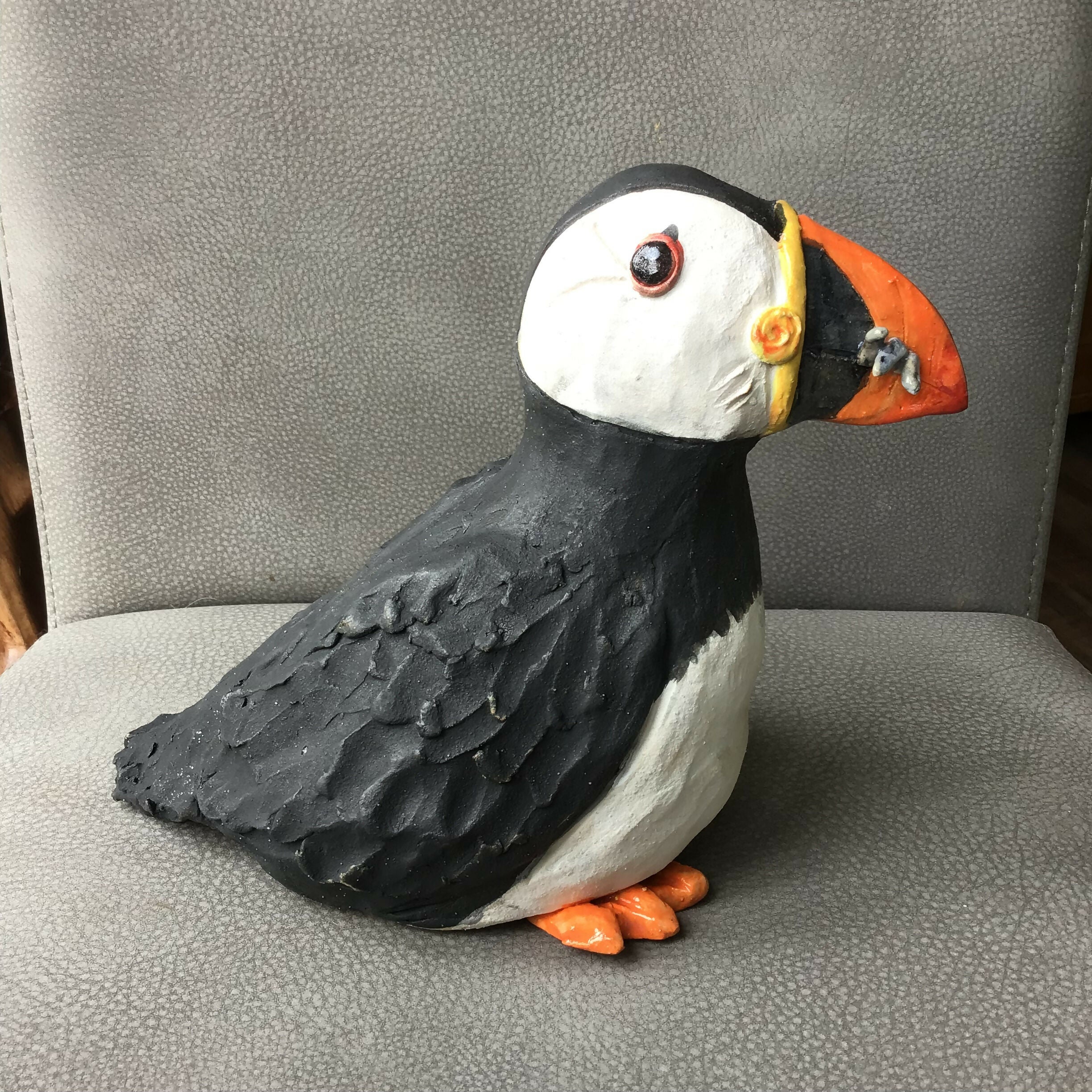 Puffin Sculpture with Fish
