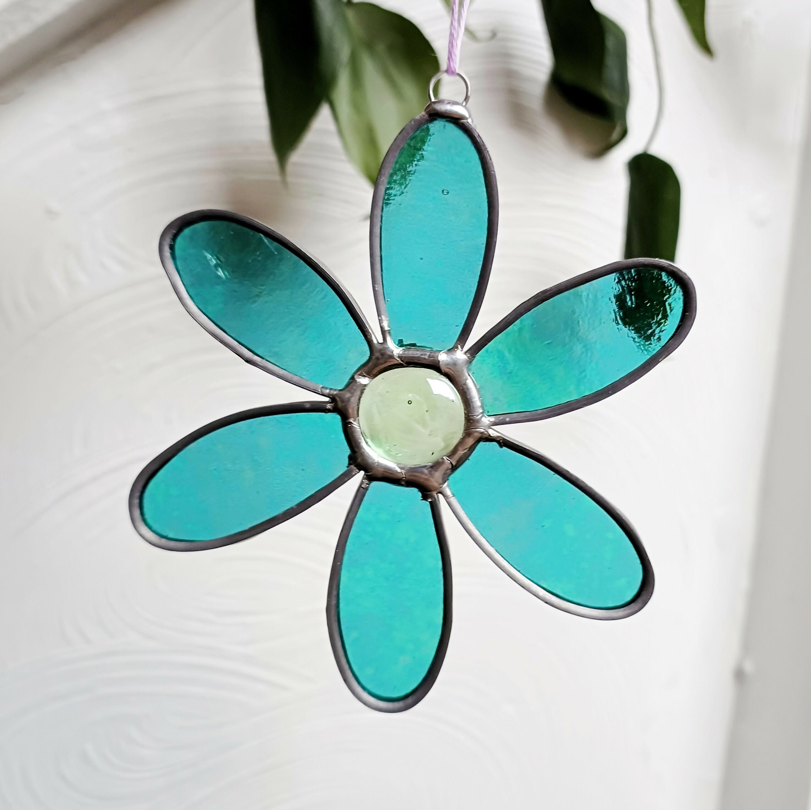 Turquoise Stained Glass Daisy Flower Suncatcher