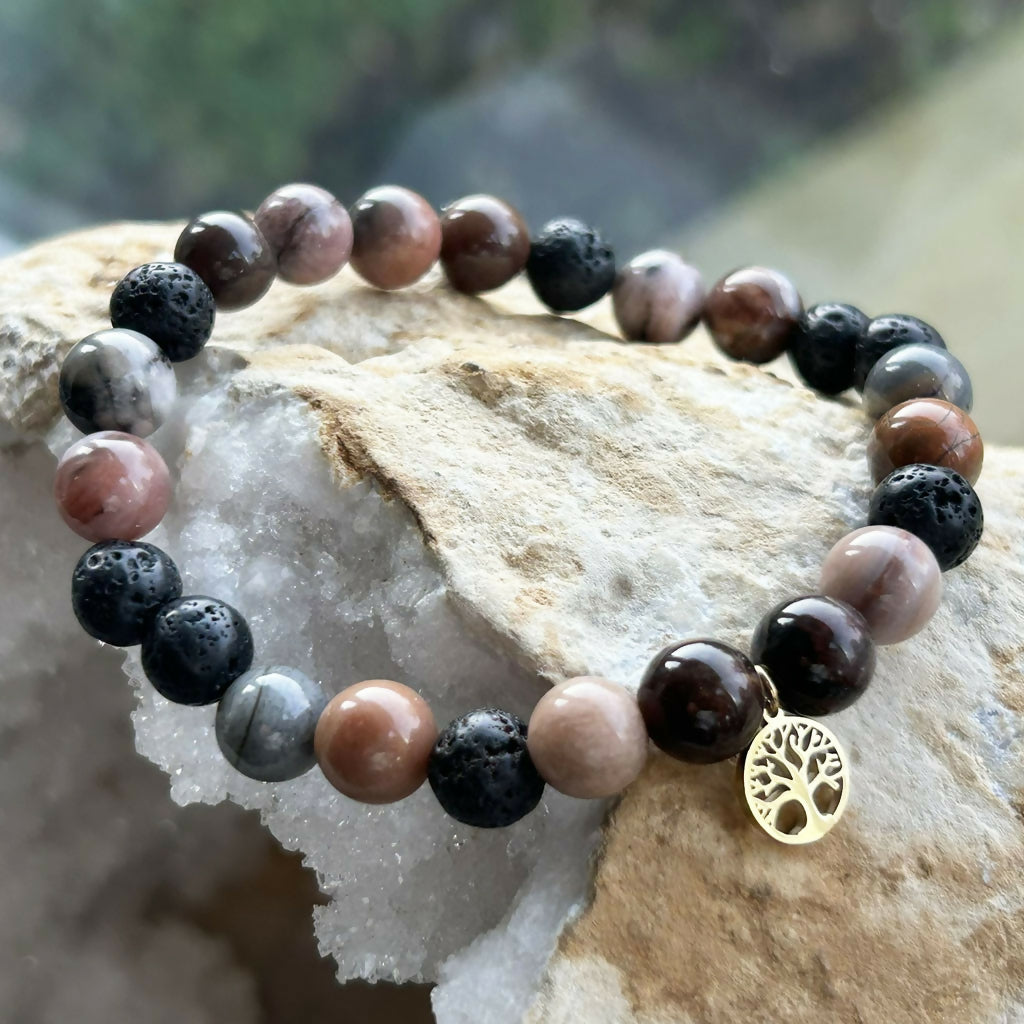 Men's Handmade Petrified Wood And Lava Stone Tree Of Life Bracelet