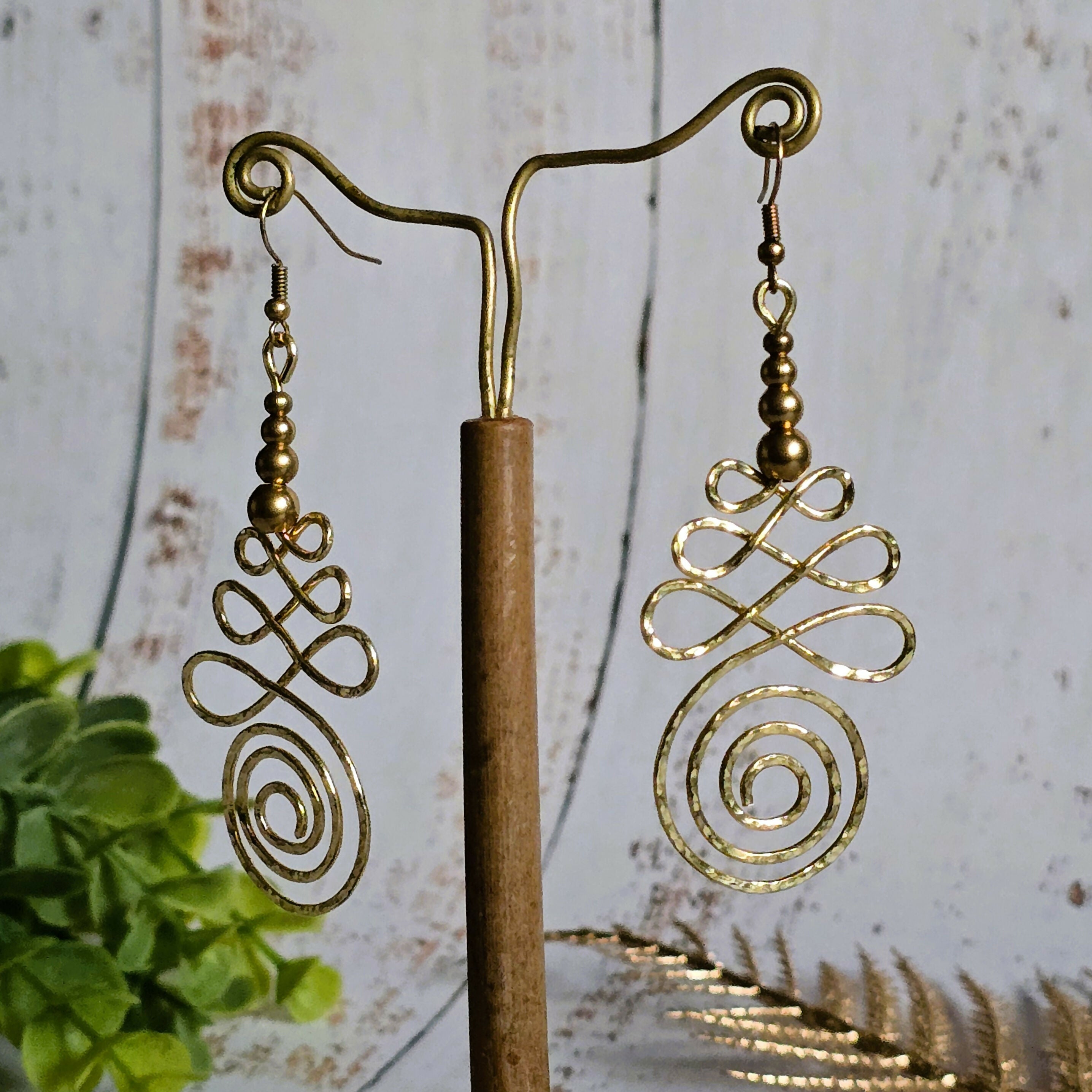 Gold Unalome Earrings; Hand Sculpted Brass Wire Spiral Buddhist Boho Thai Earrings