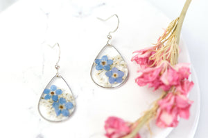 Forget Me Not and White Queen Anne’s Lace Teardrop Earrings Sterling Silver
