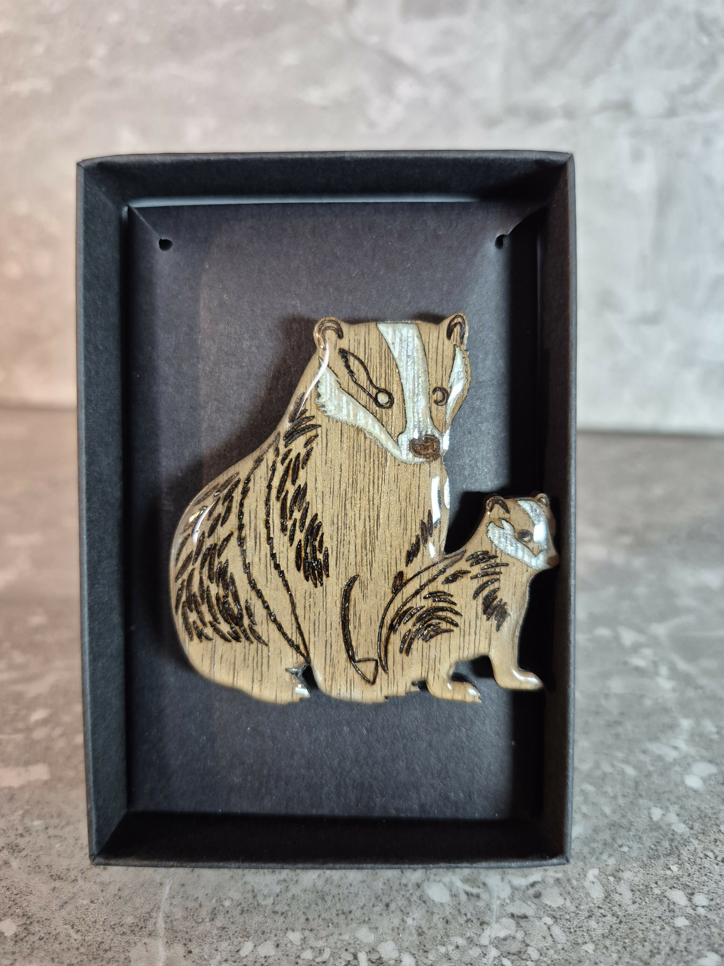 Handcrafted Walnut Veneered Badger and Cub Pin