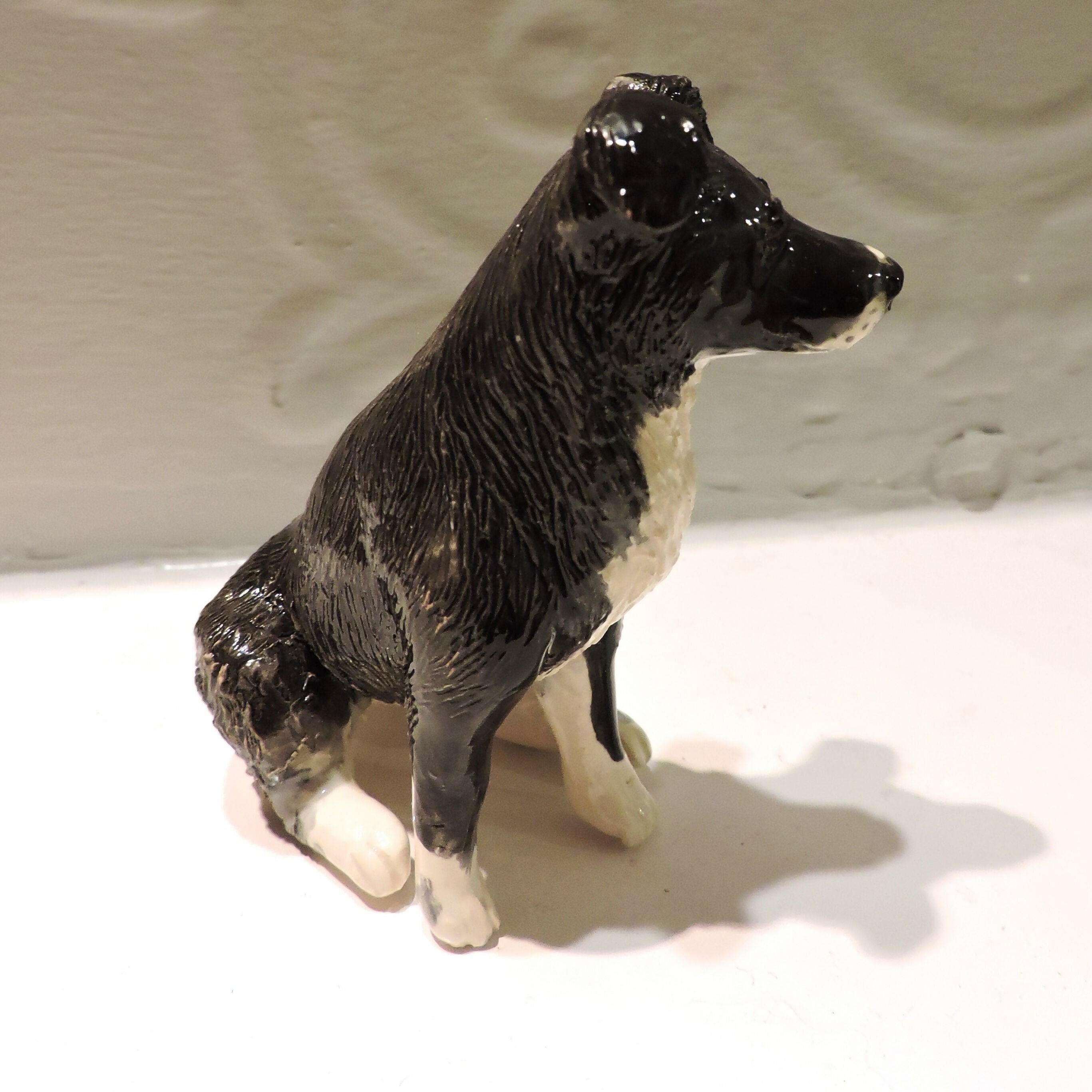 Ceramic Border Collie dog sculpture, Black and white