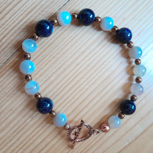 Pure Copper Leaf Embossed Toggle Bracelet with Banded Grey Agate, Copper Hematite and Navy Blue Goldstone