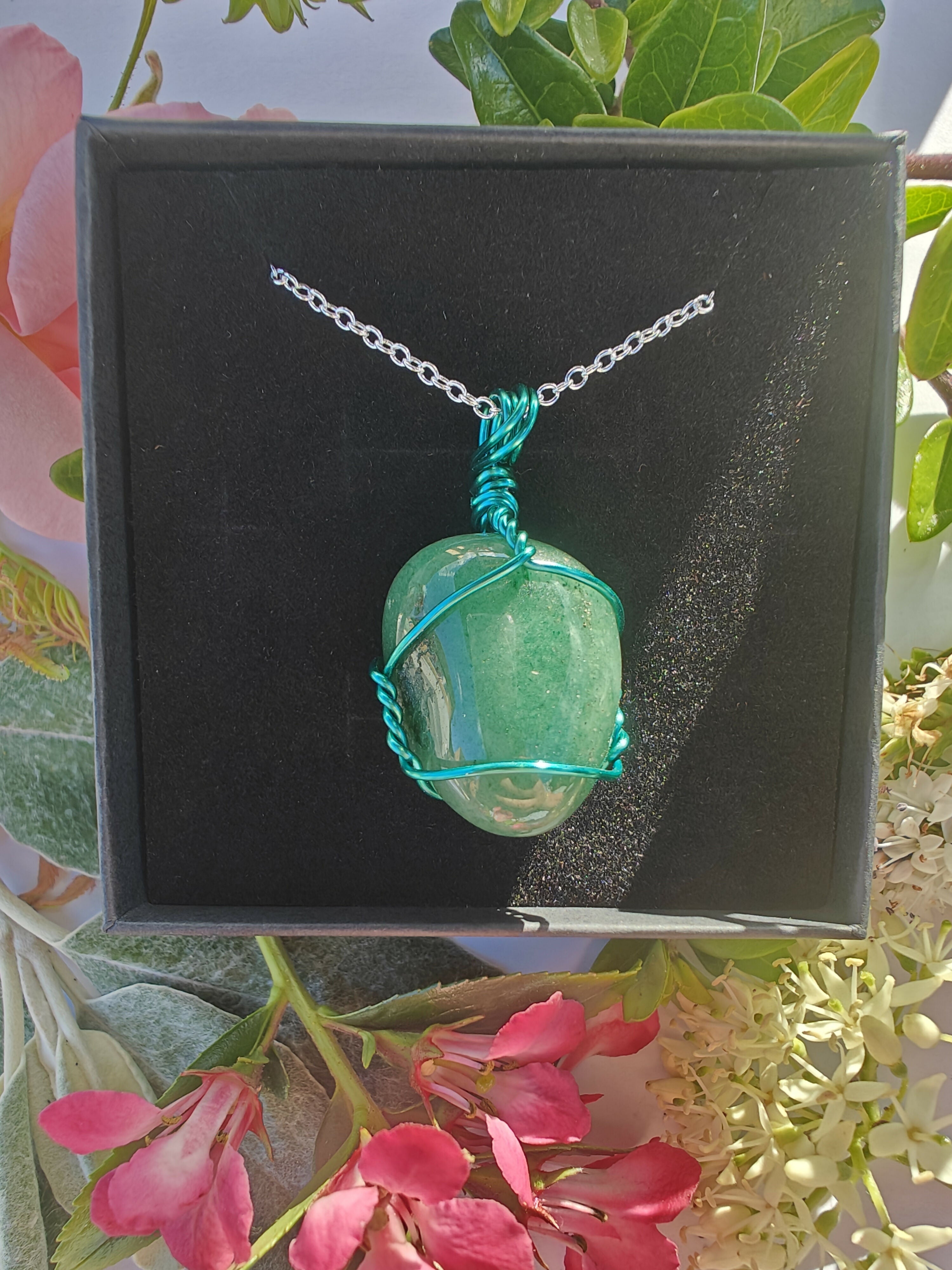 Green Jade Wire Wrapped Crystal Necklace on Sterling Silver Chain