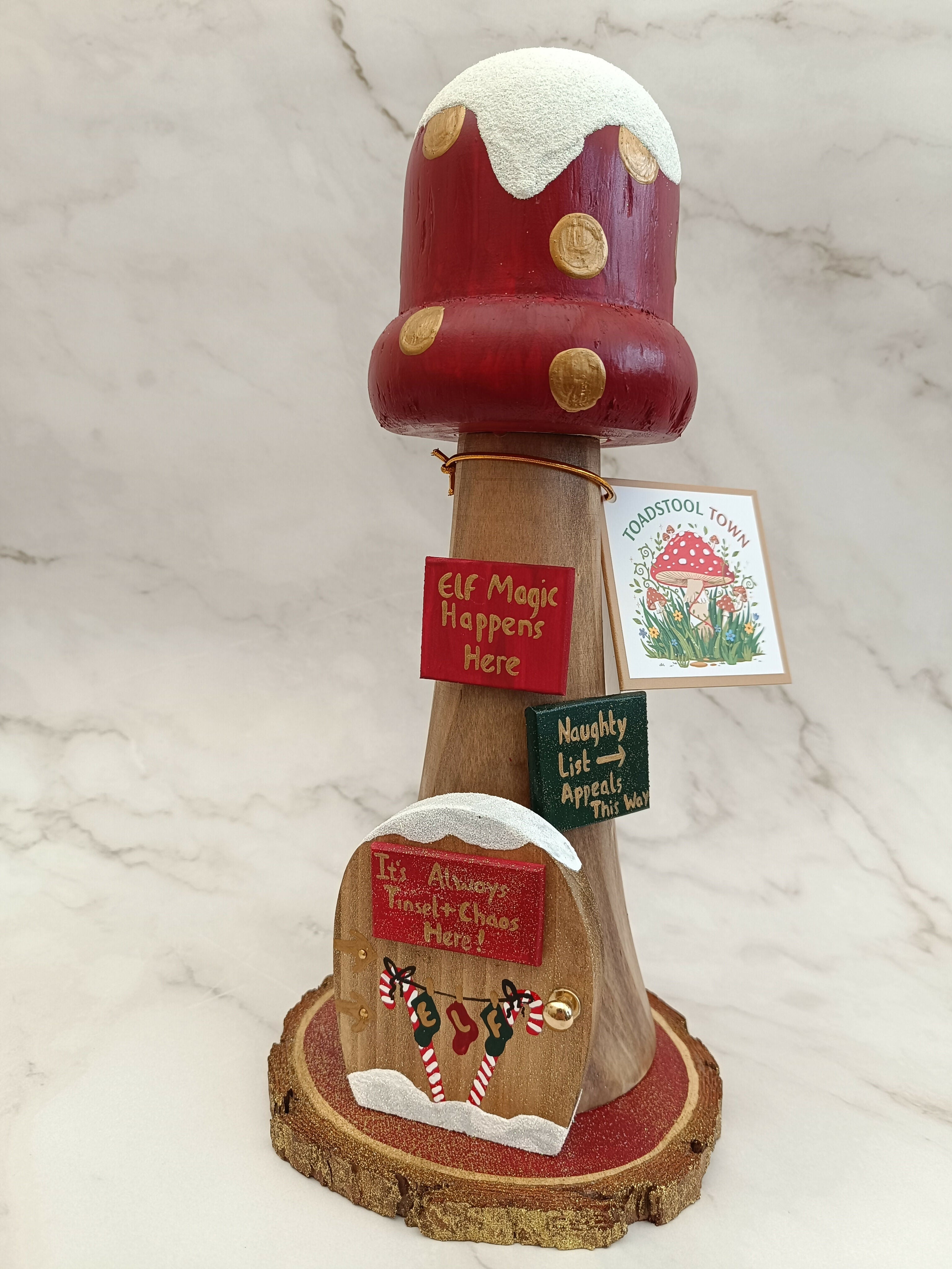 30cm Red Handmade, Free Standing Painted Wooden Bell Shaped Topped Toadstool Elf House - Whimsical Woodland Ornament & Holiday Keepsake