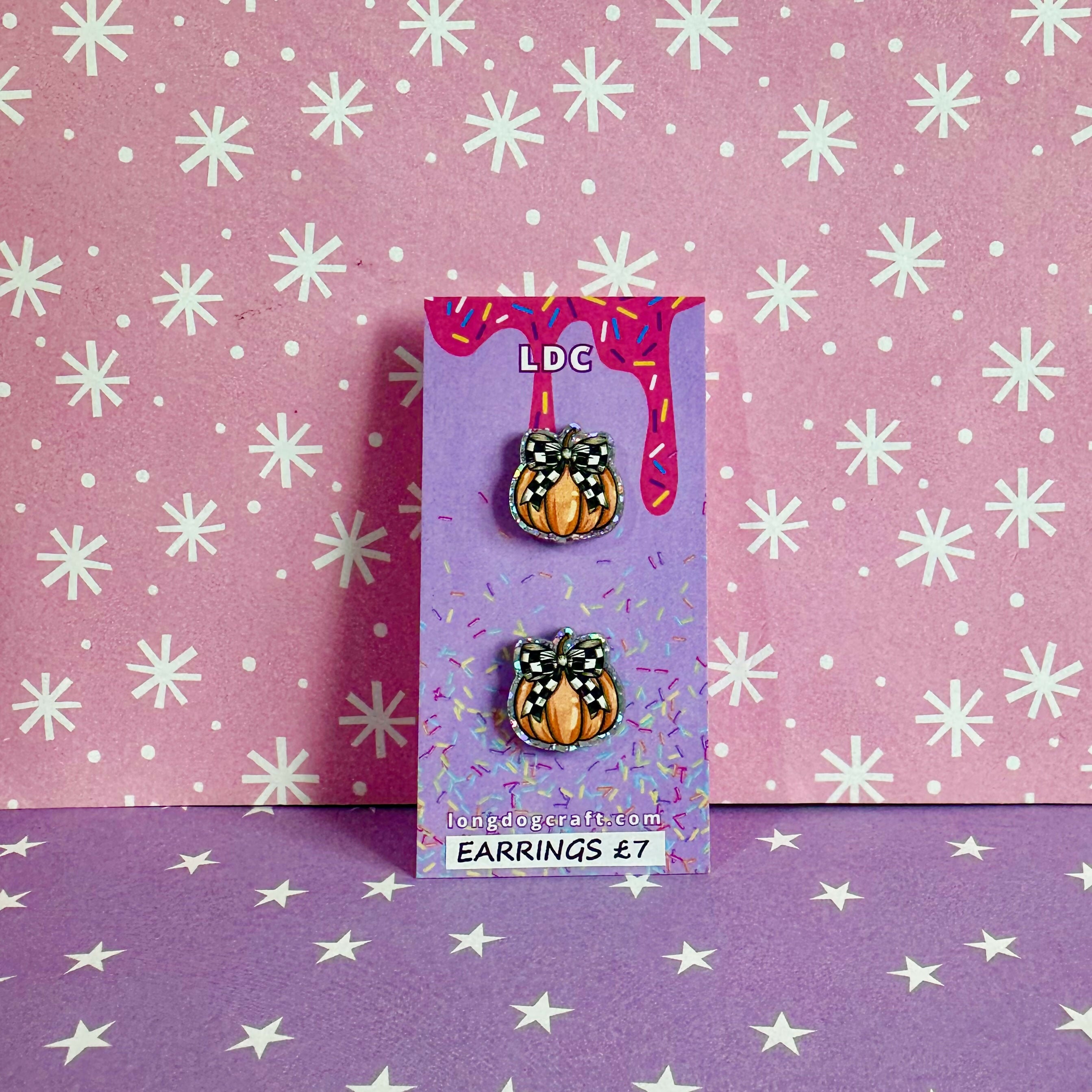Acrylic Checker Bow Pumpkin Stud Earrings
