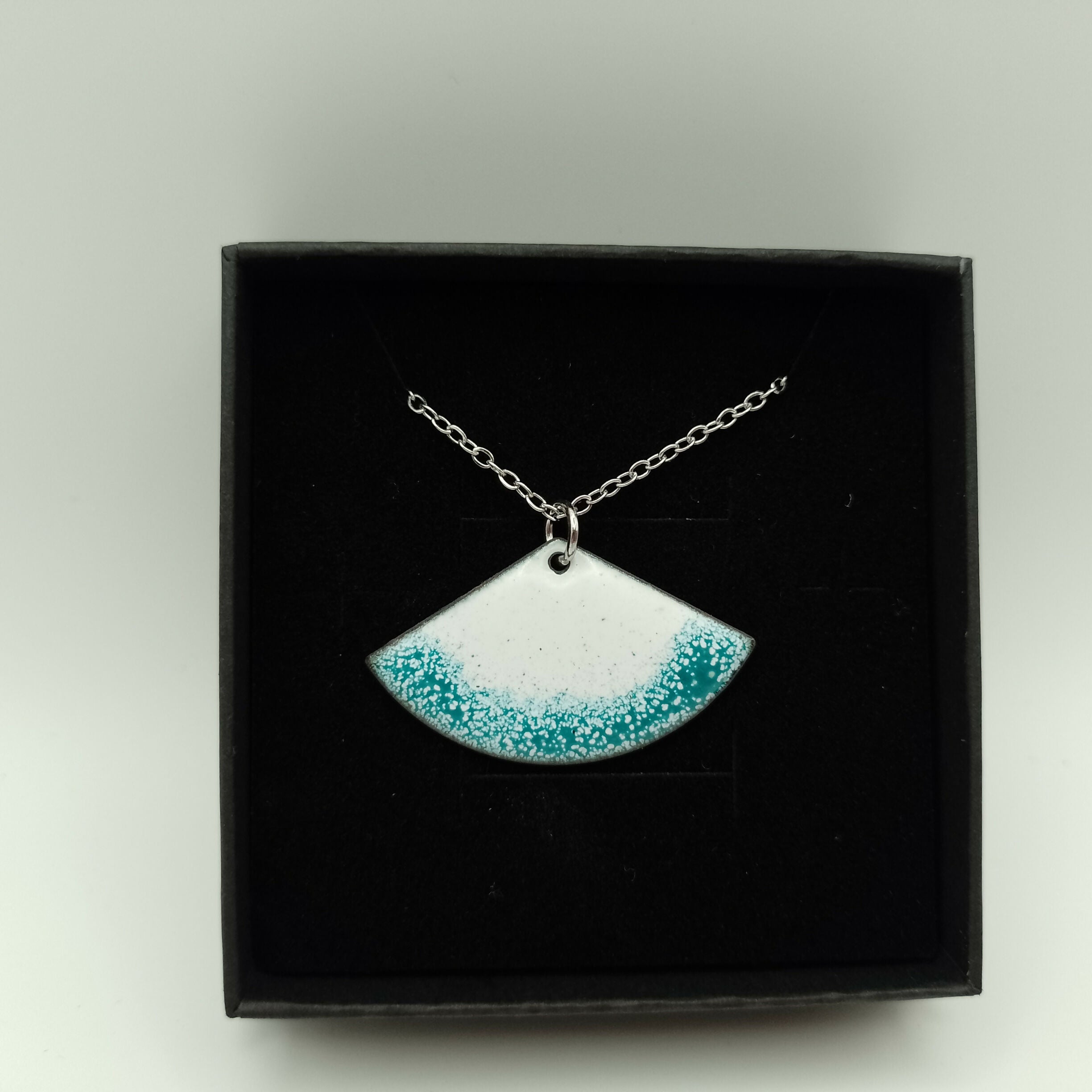 White and Teal Enamel Fan Pendant