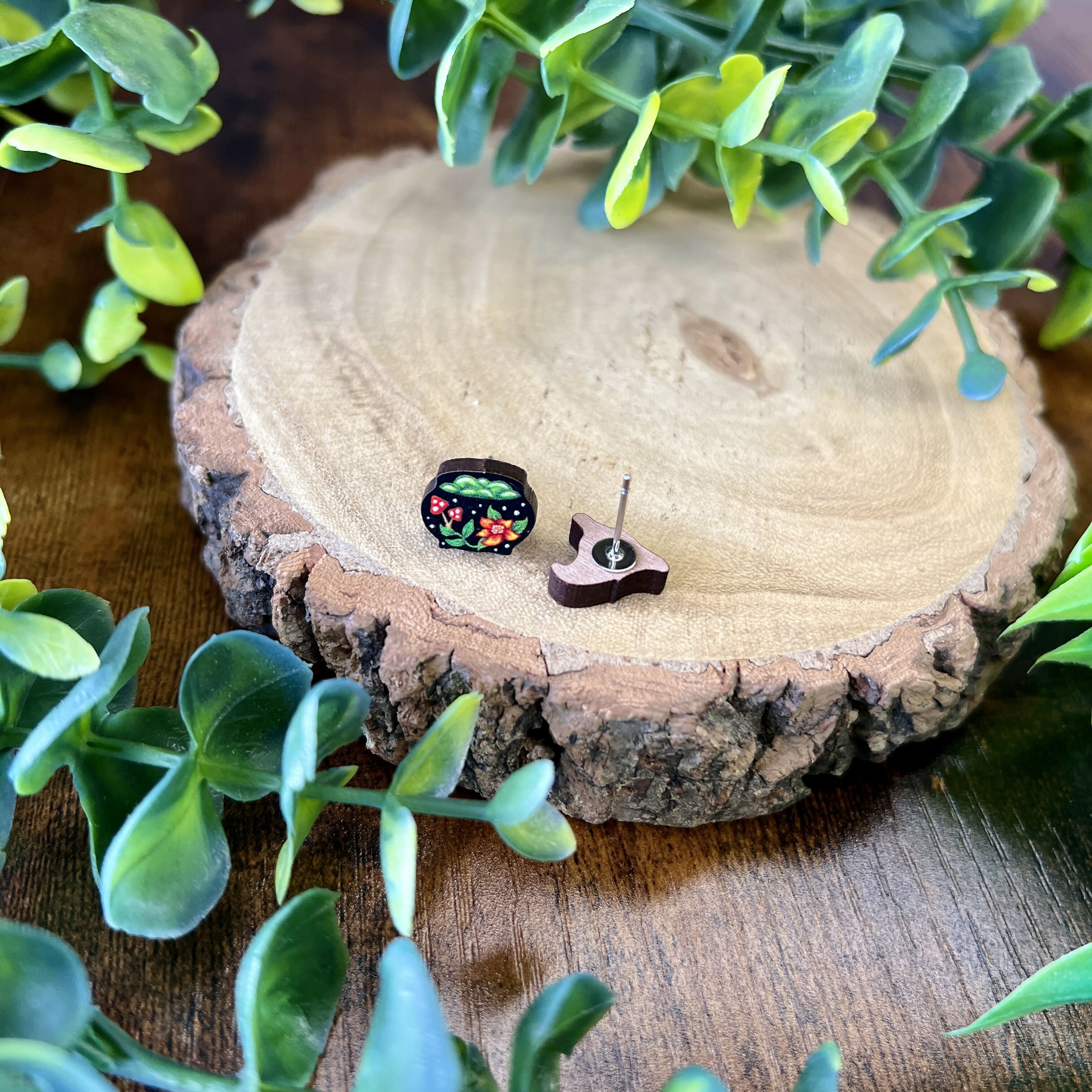 Witch Hat and Cauldron Wooden Earrings