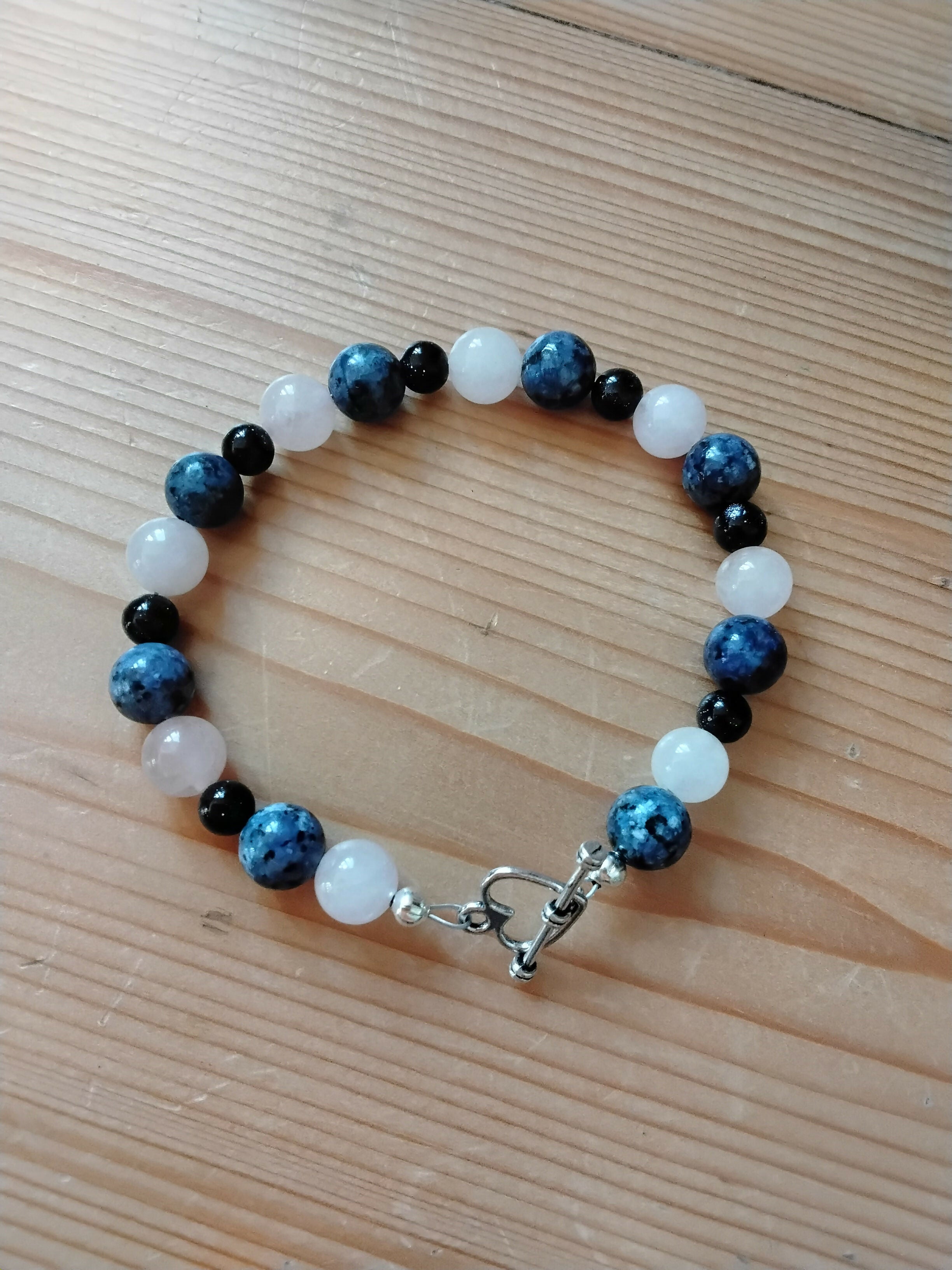 Tibetan Silver Toggle Catch Bracelet with Blue Spotted Jasper, Rose Quartz and Navy Goldstone.