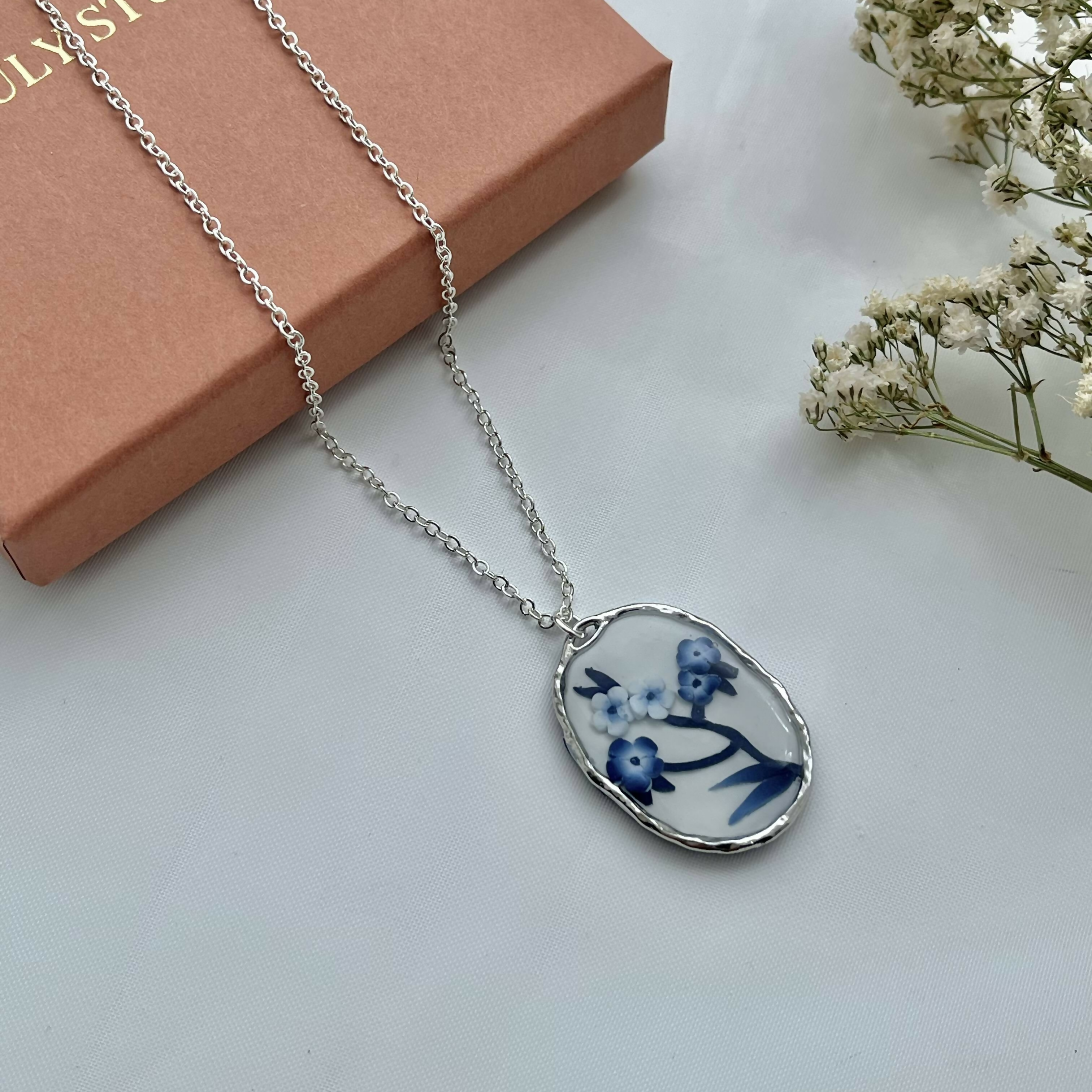 Blue China Necklace No. 3 - Handmade Polymer Clay Necklace