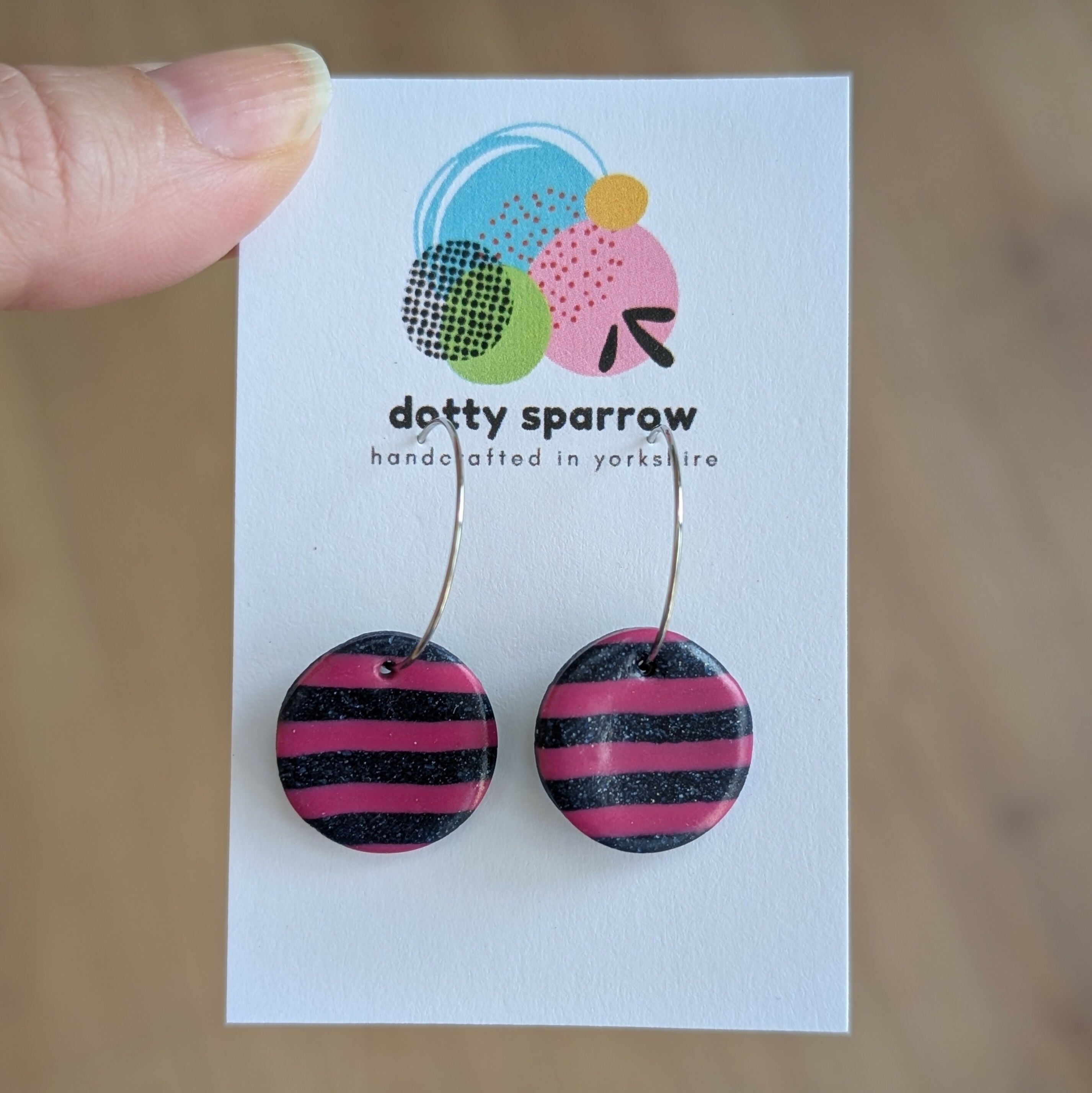 Navy & Pink Stripe Circle Hoop Handmade Polymer Clay Earrings