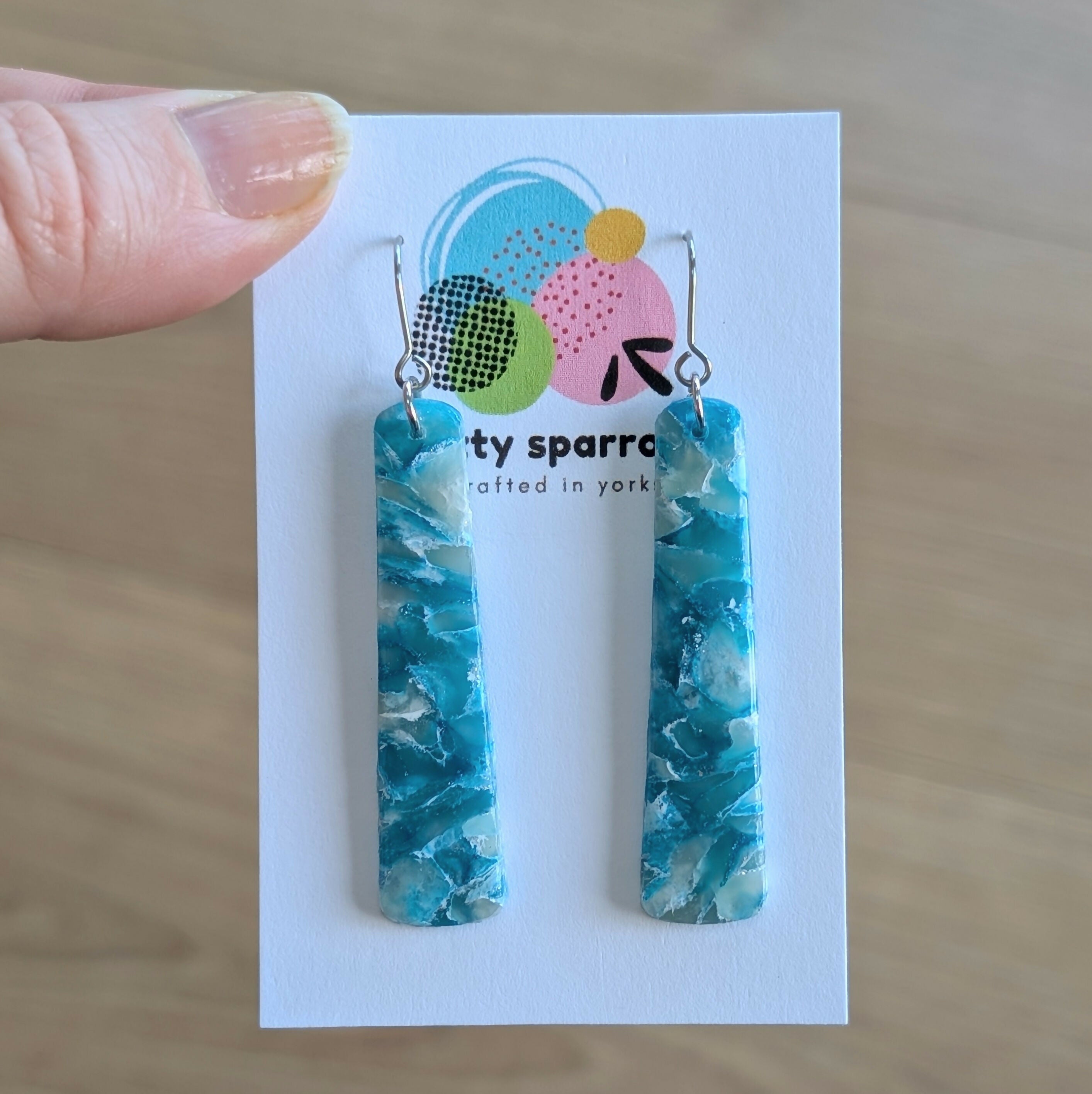 Blue & White Faux Stone Slim Hook Dangle Handmade Polymer Clay Earrings