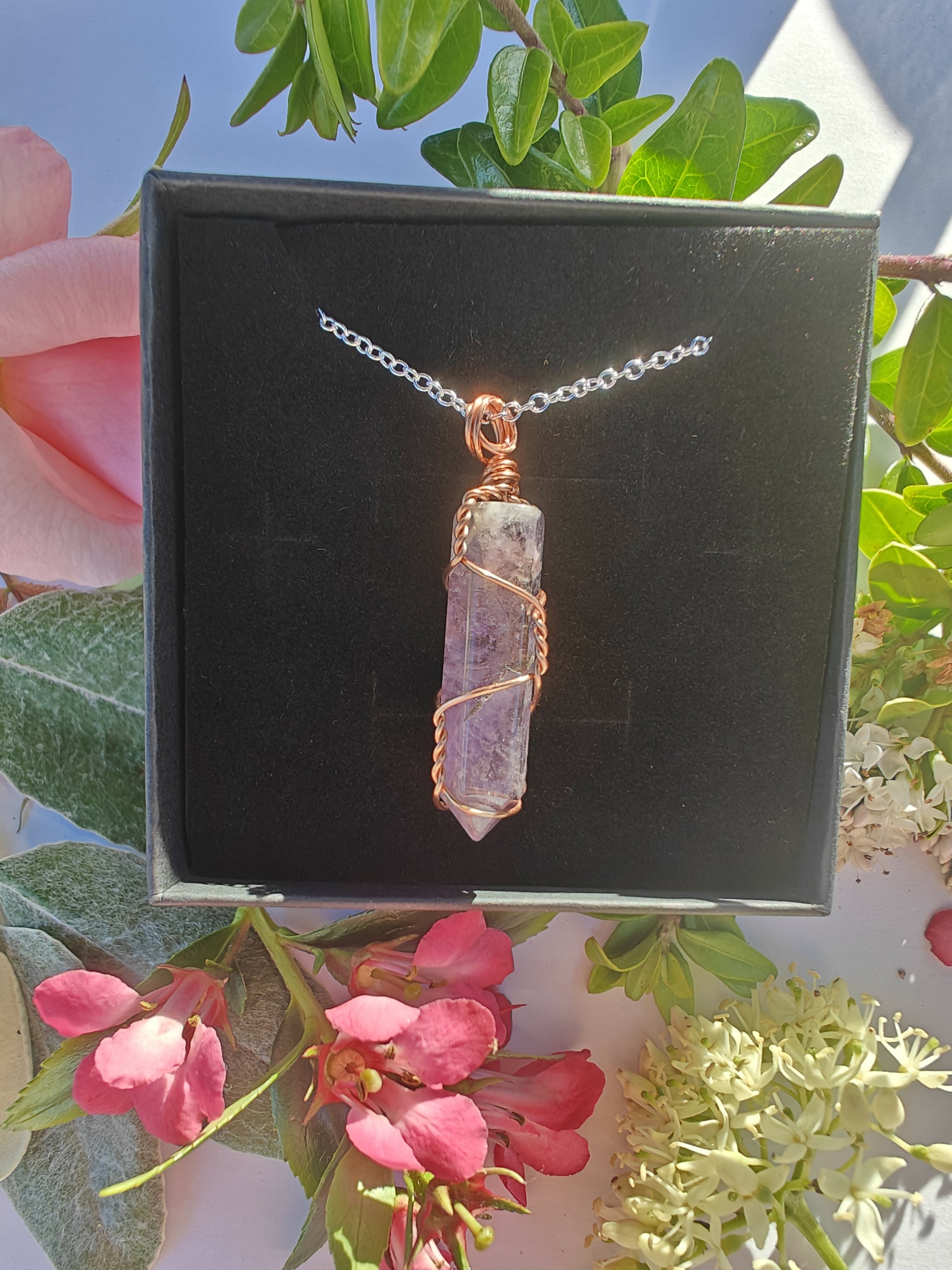 Amethyst Crystal Point Wire Wrapped Necklace on Sterling Silver Chain