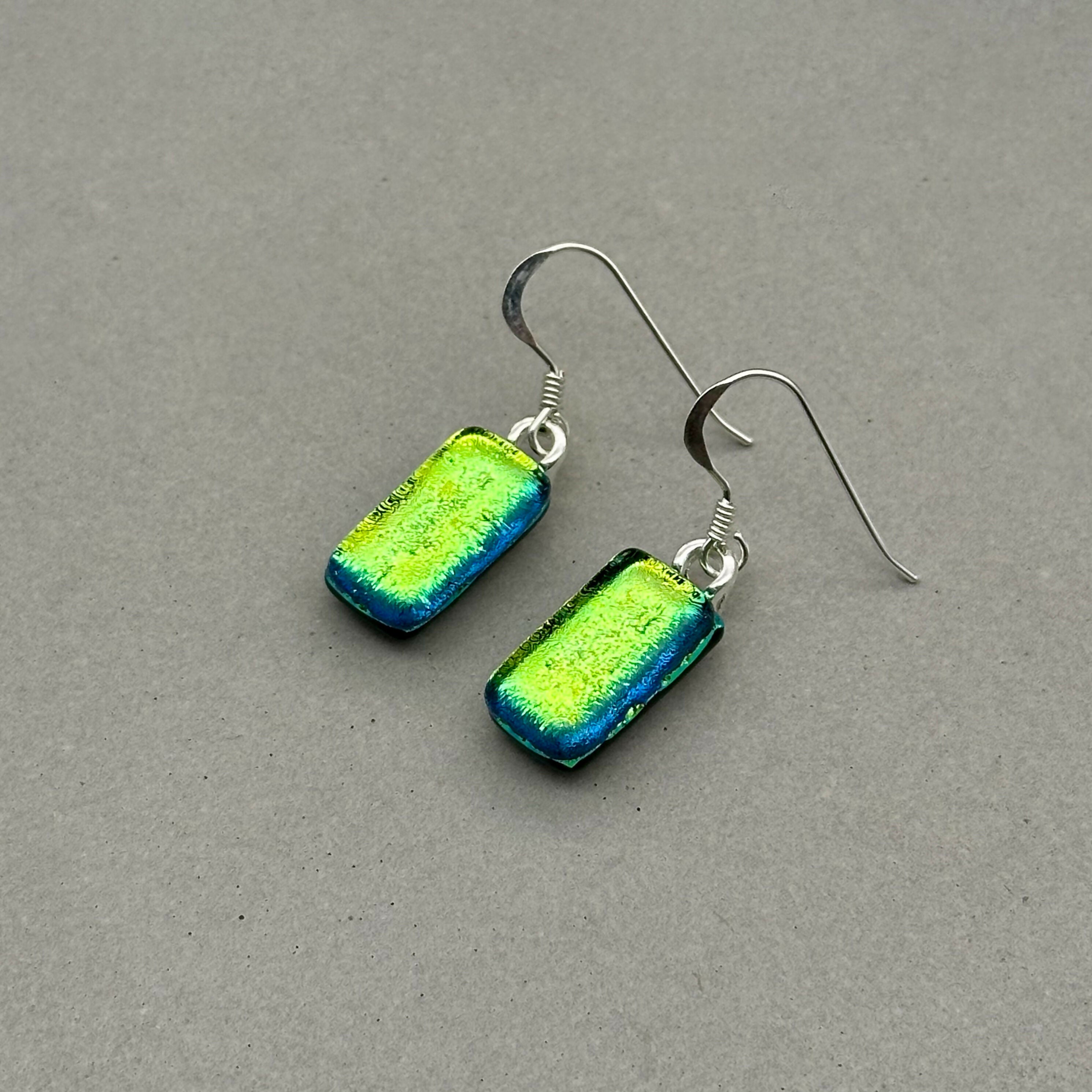 Yellow & Green Dichroic Fused Glass Dangle Sterling Silver Earrings - Handmade by Jade Tapson Glass.
