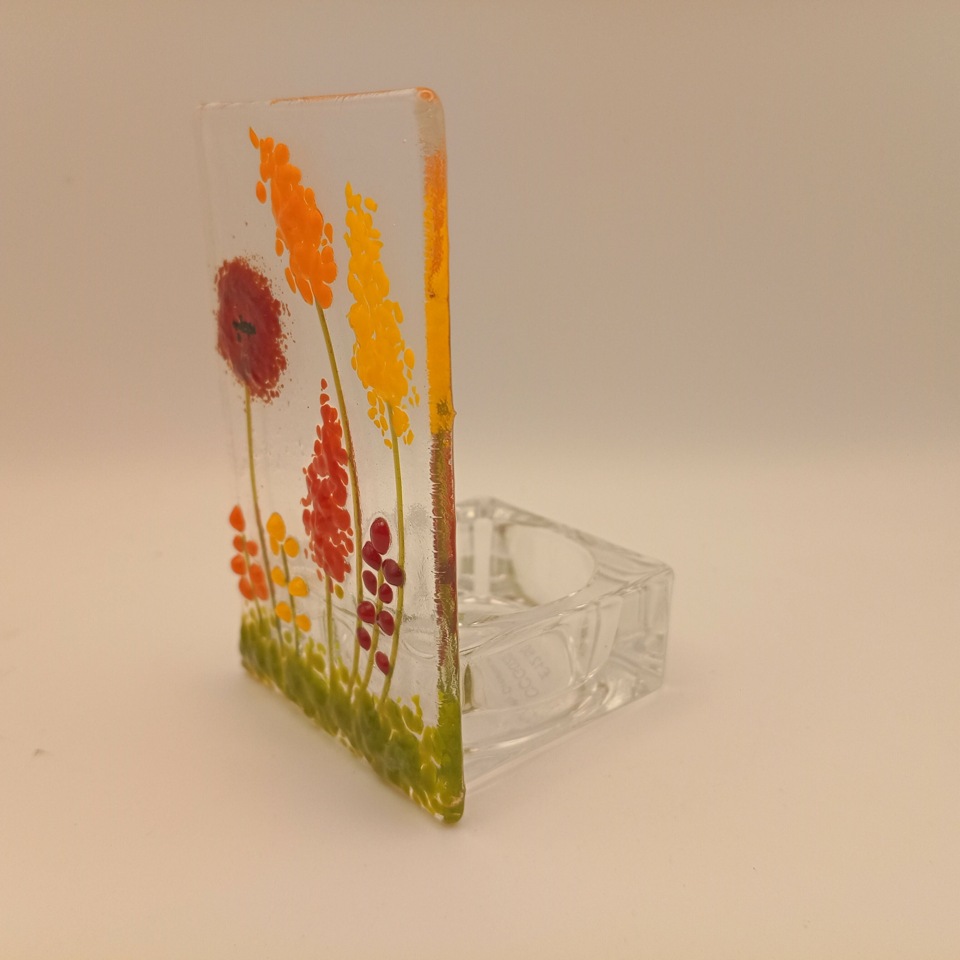 Fused Glass Orange and Red Flower Tealight