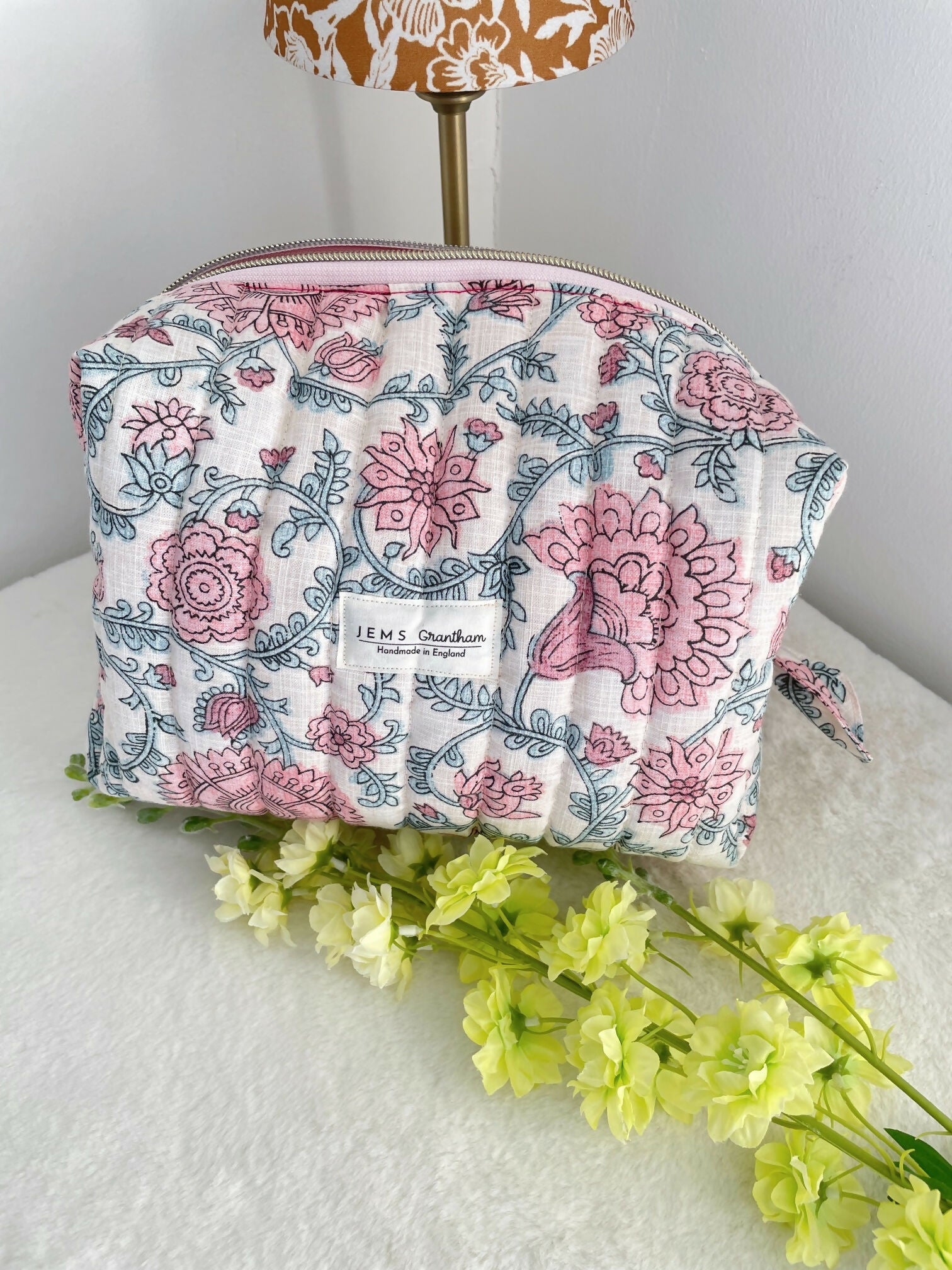 Quilted Toiletry Bag Cream with Pink Floral Design