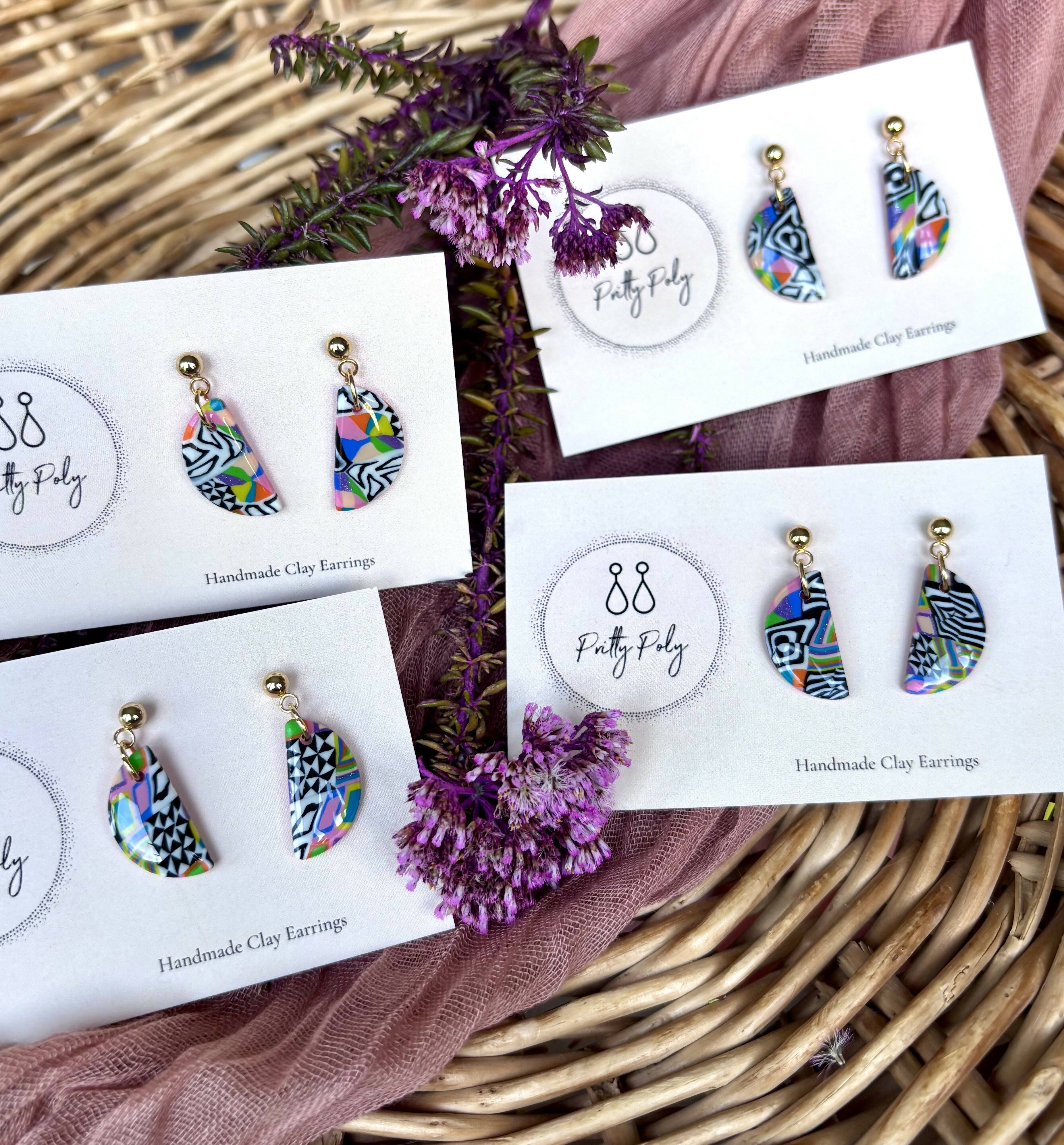 Funky Pattern Collection - Small Semi Circle Polymer Clay Earrings