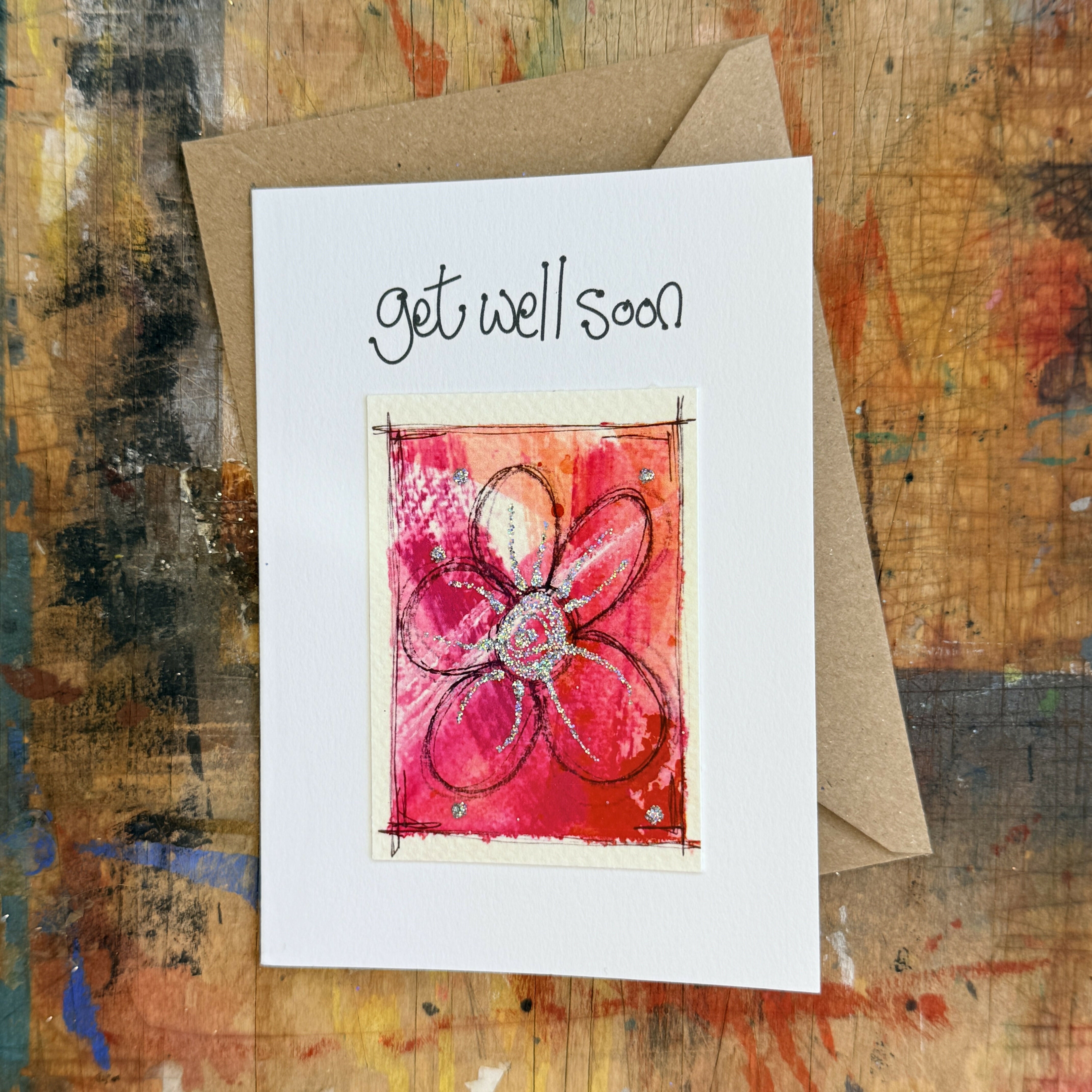 Abstract Sparkle Flower Get Well Soon Card in Pink