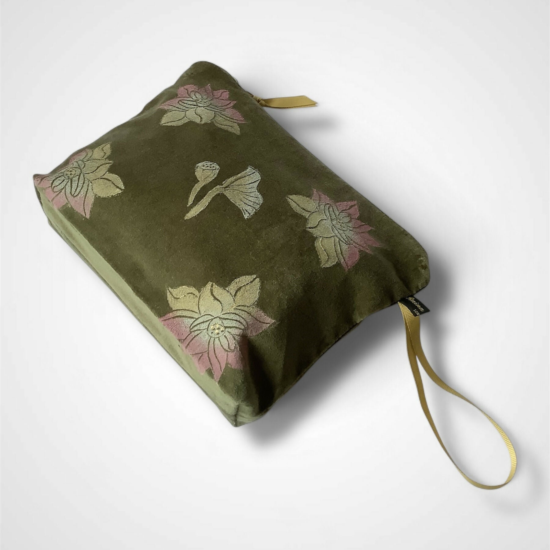Lotus Flower Olive Green Velvet Makeup Bag