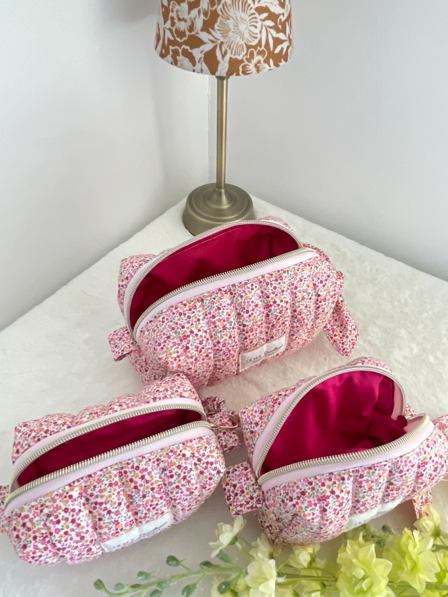 Ditsy Red Quilted Toiletry Bag with Zipper Handmade