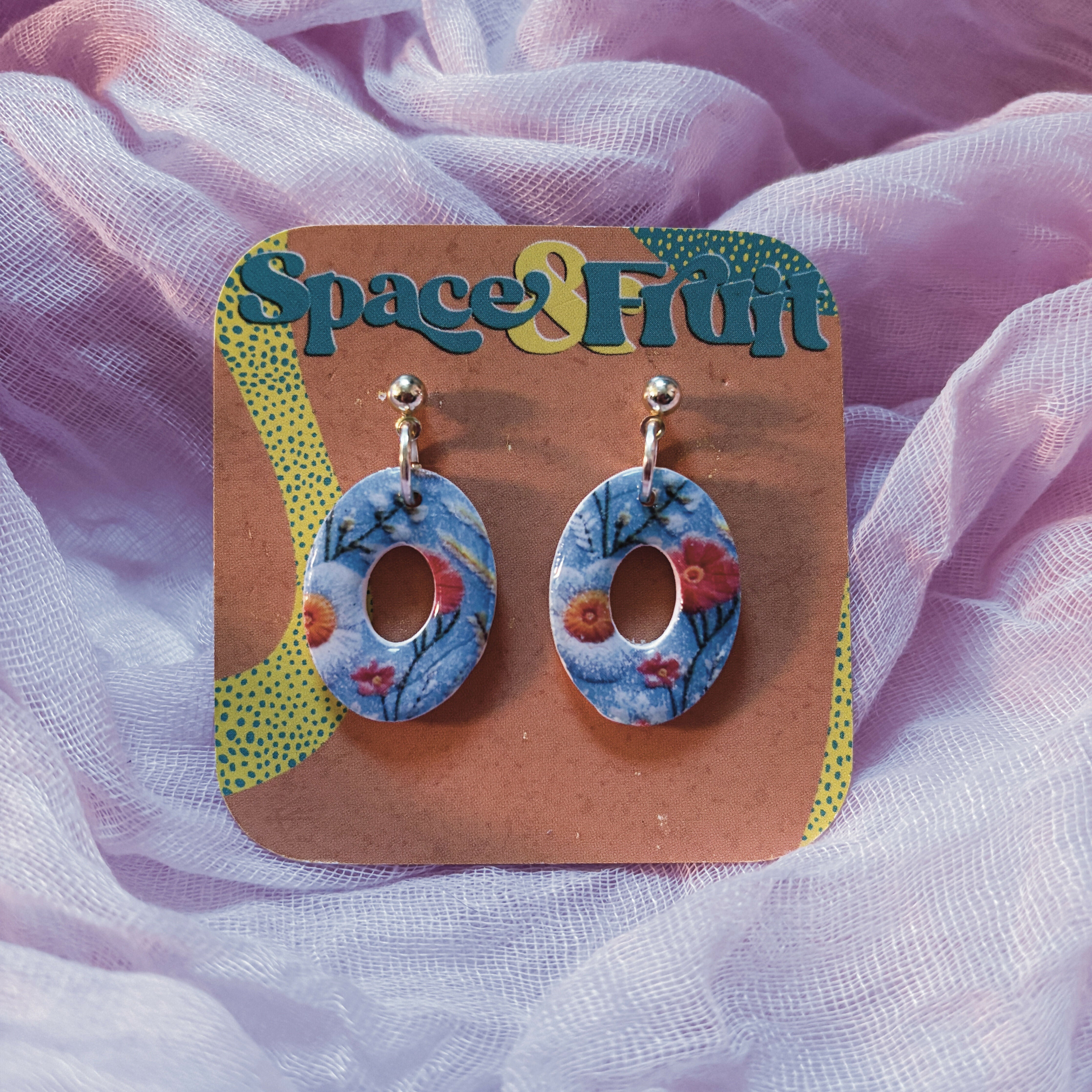 Floral Print Oval Polymer Clay Earrings