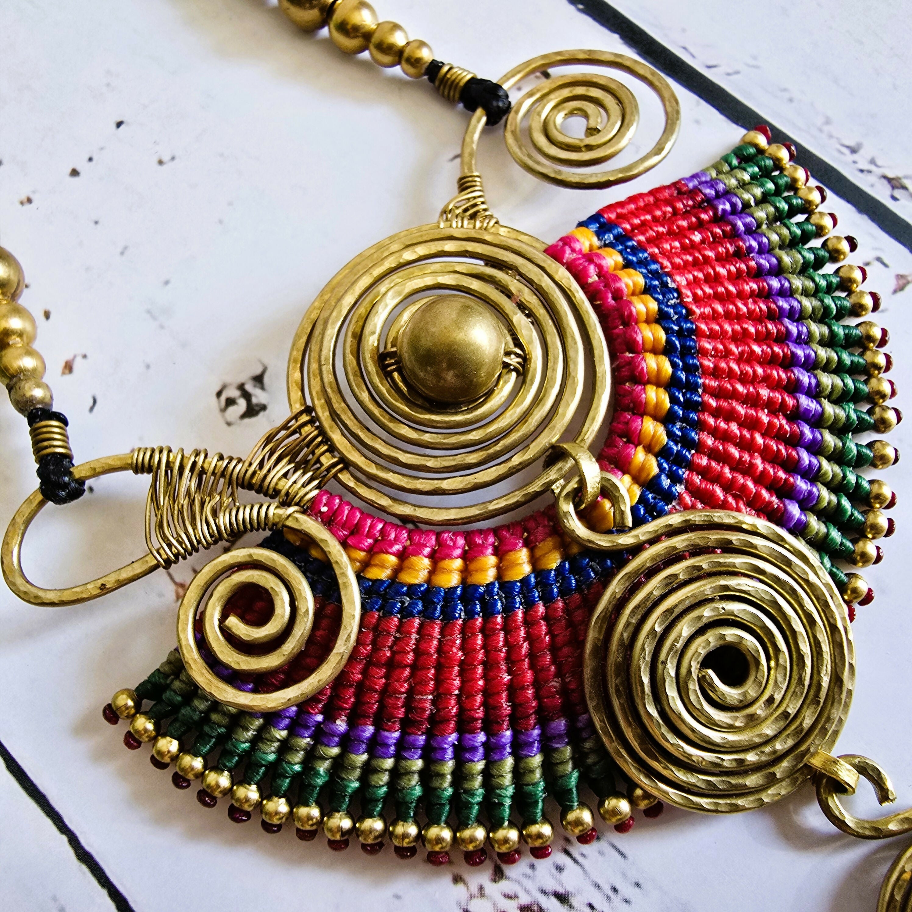 Sahara Necklace; Bold Rainbow Macramé Statement Pendant with Gold Spiral Wire Art