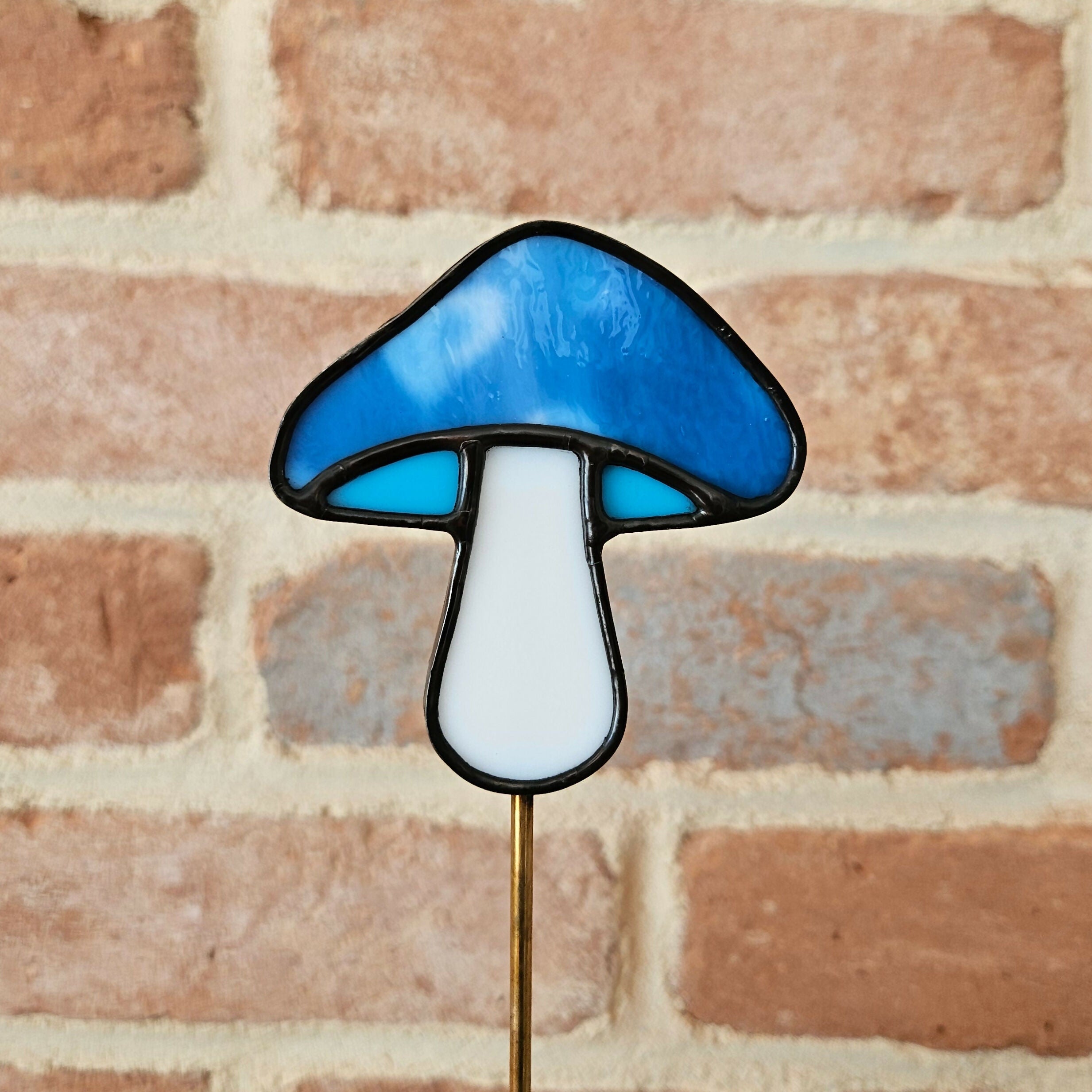 Mottled Blue Mushroom Stained Glass Plantstake