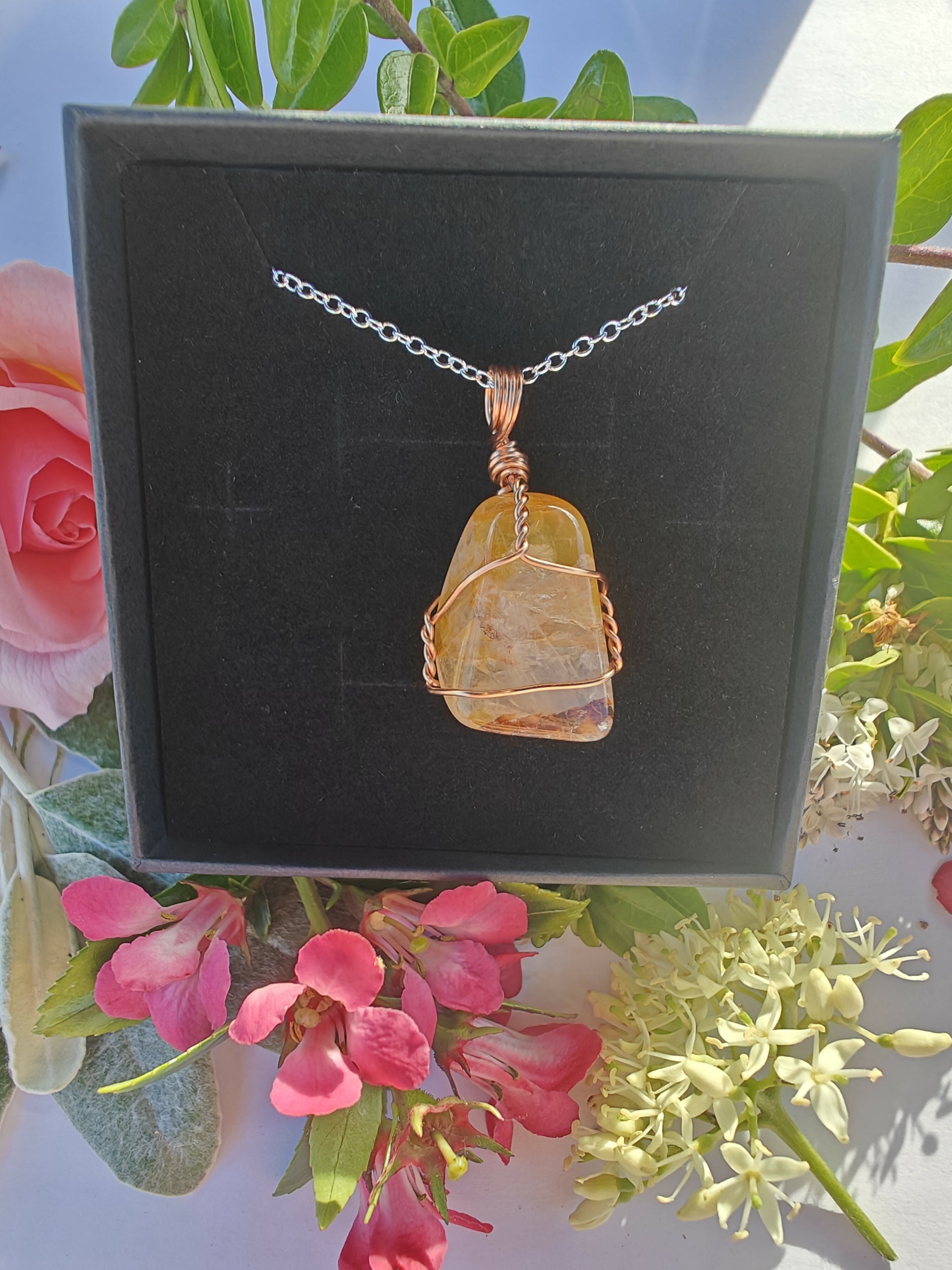 Yellow Fire Quartz Wire Wrapped Crystal Necklace on Sterling Silver Chain