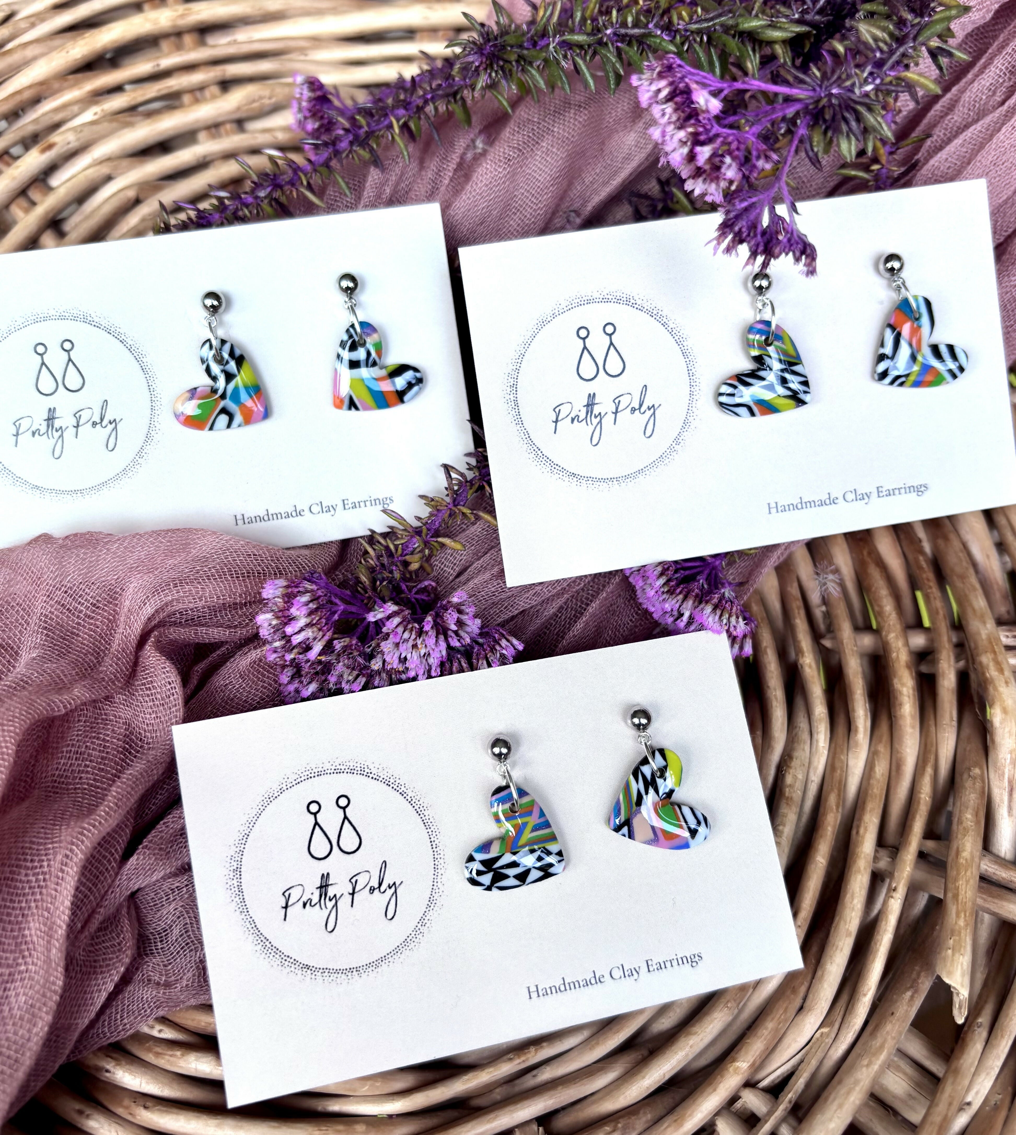 Funky Pattern Collection - Small Heart Polymer Clay Earrings