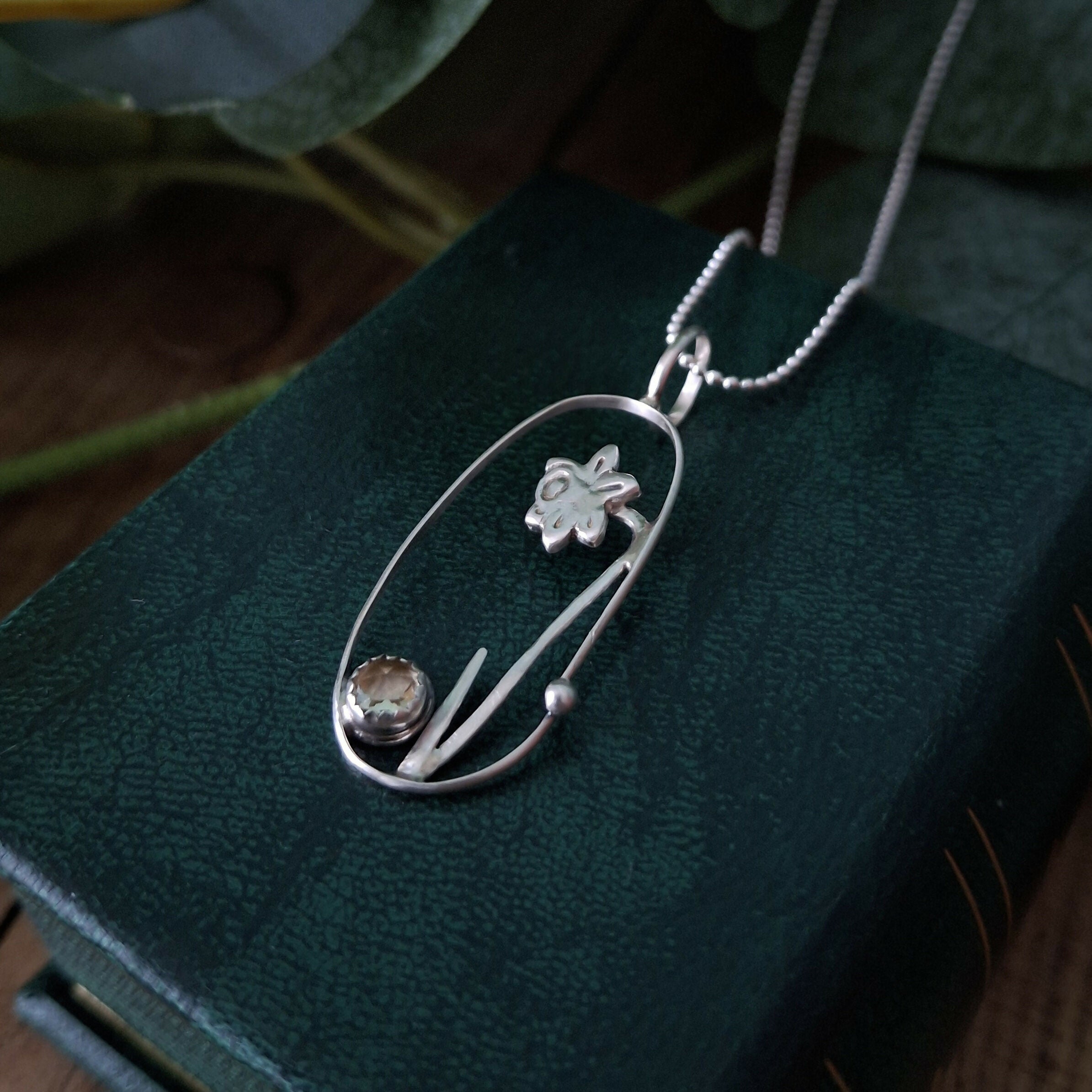Handmade Oval Daffodil Silver Necklace