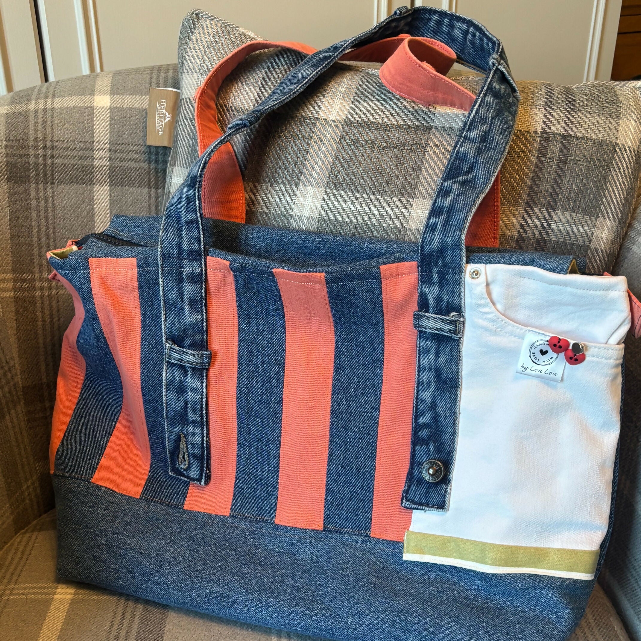 Unique Handcrafted Striped Denim Large Tote Bag Handbag Made From Upcycled Jeans