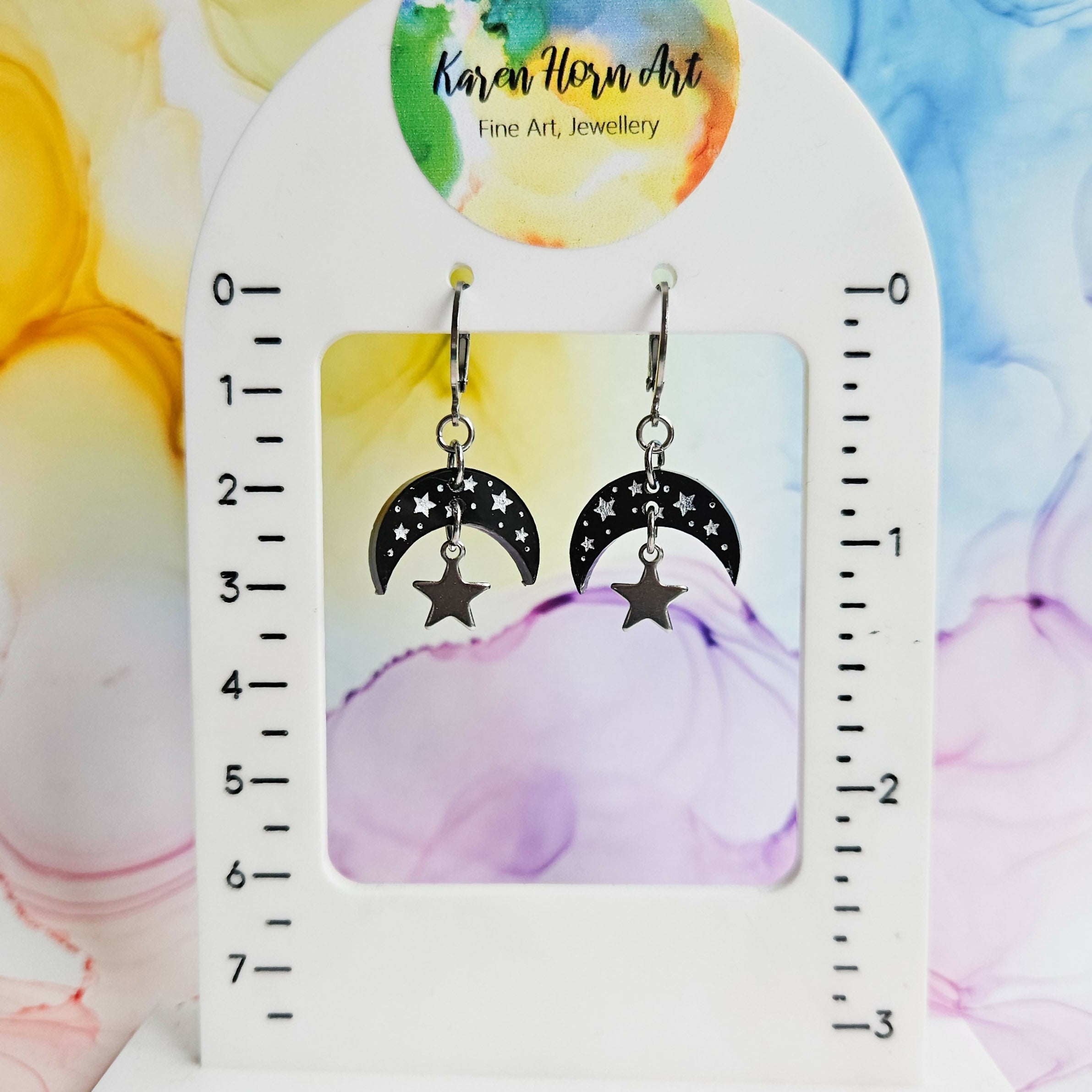 Handmade Half Moon And Silver Star Charms Resin Huggie Hoops