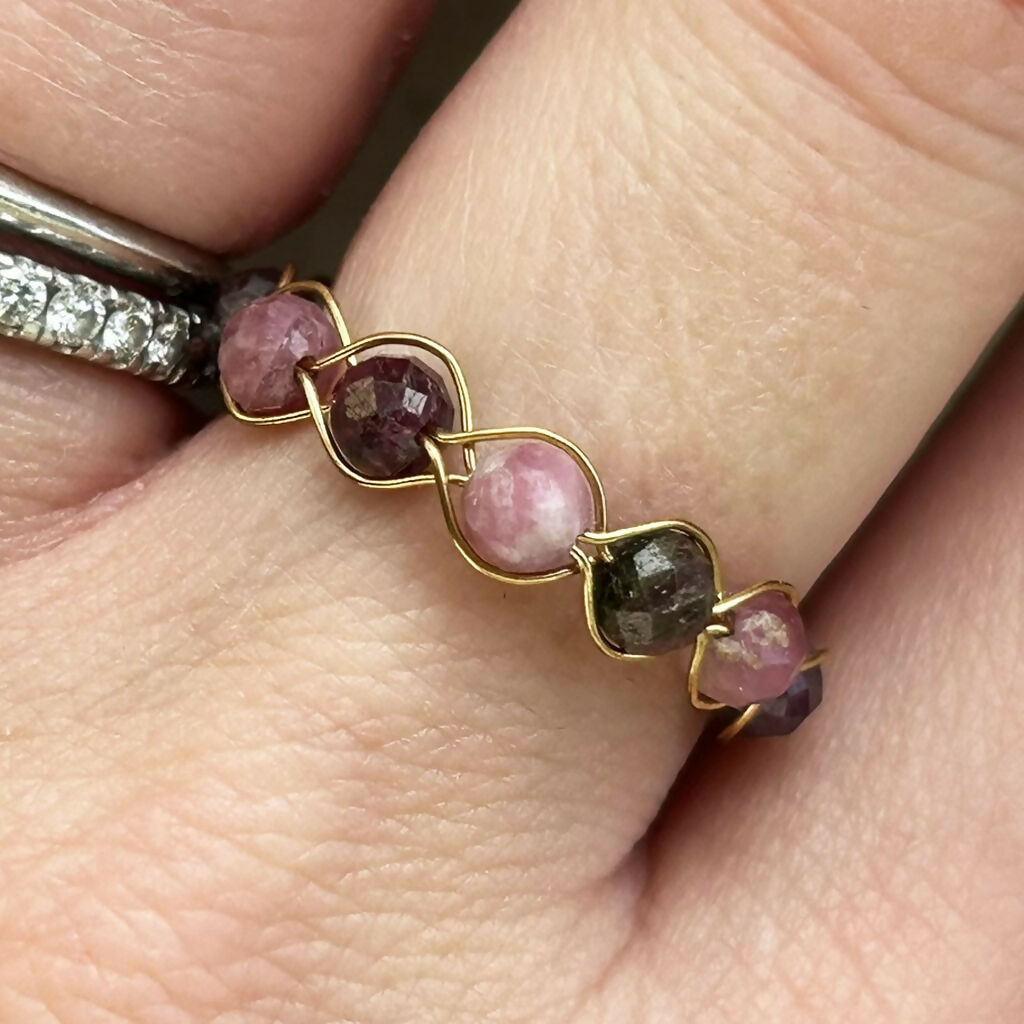 Handmade Gold Vermeil Pink Tourmaline Beaded Ring Size M